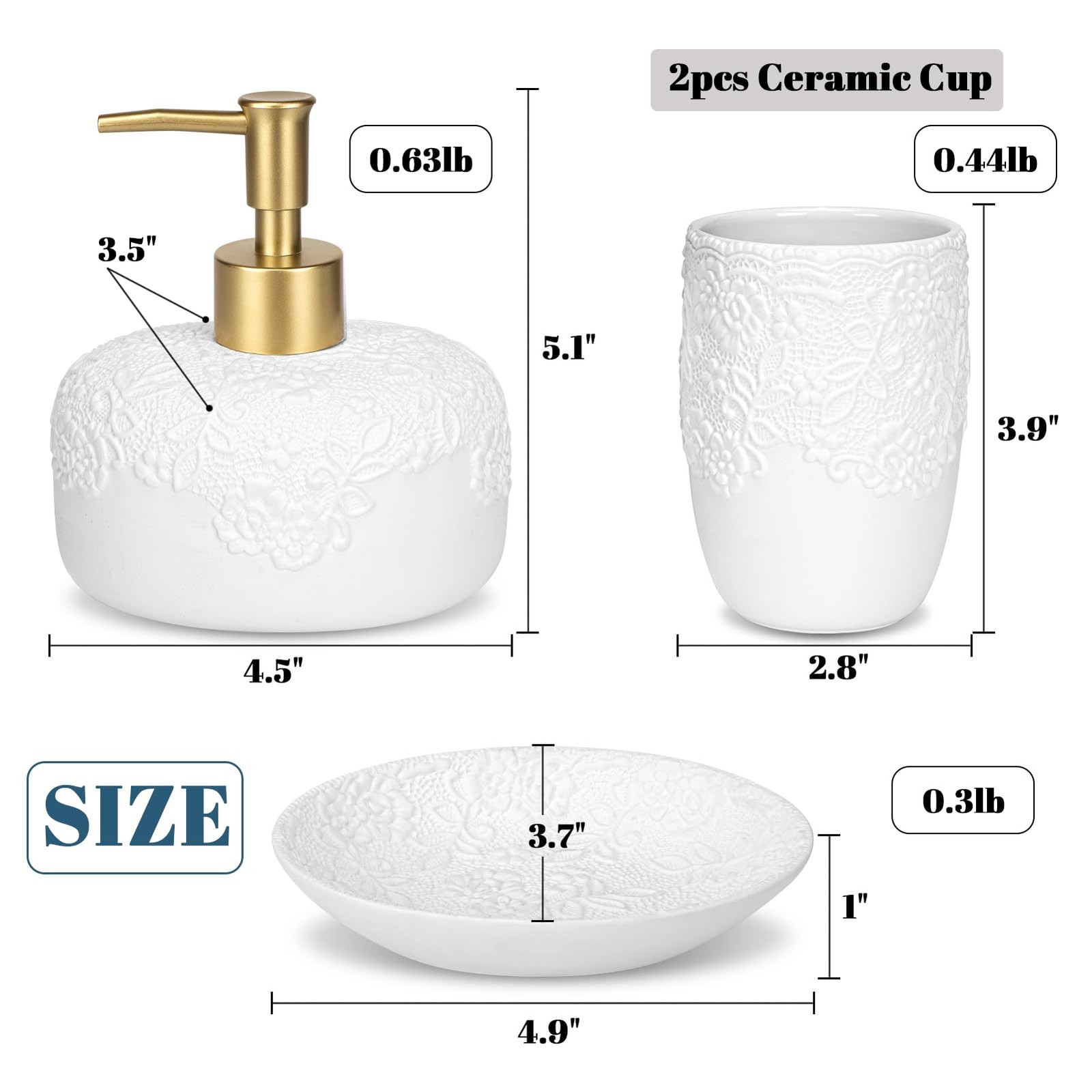 Bathroom Set, 4pcs Ceramic with Embossed Design Look Sets Bathroom Soap Dispe...