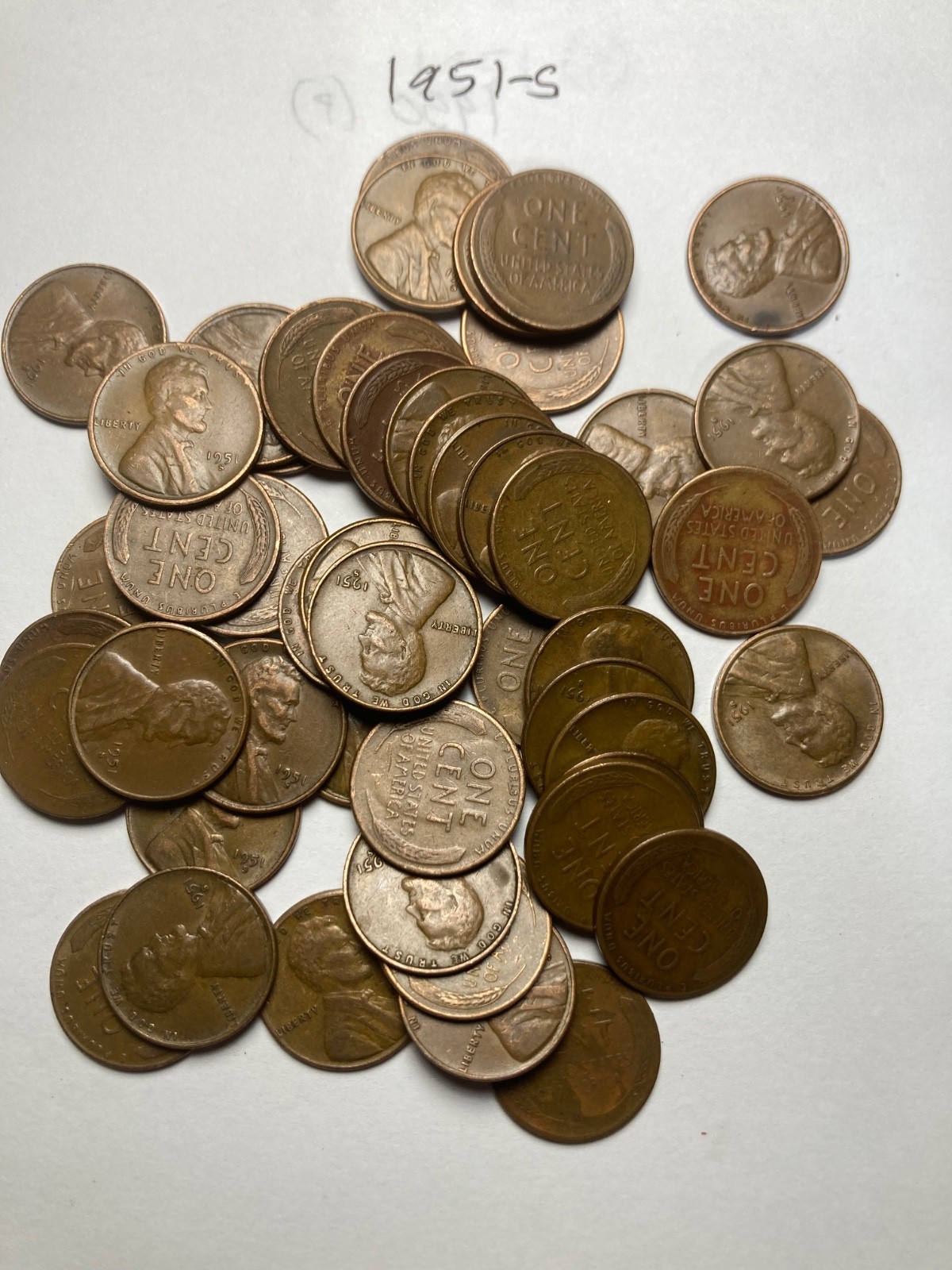 1951-S LINCOLN WHEAT CENT PENNY ROLL, nice condition