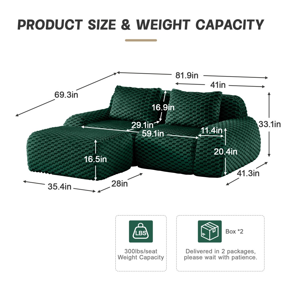 82" Modern L-Shaped Modular Sectional Sofa w/ Ottoman, Flannelette, Green