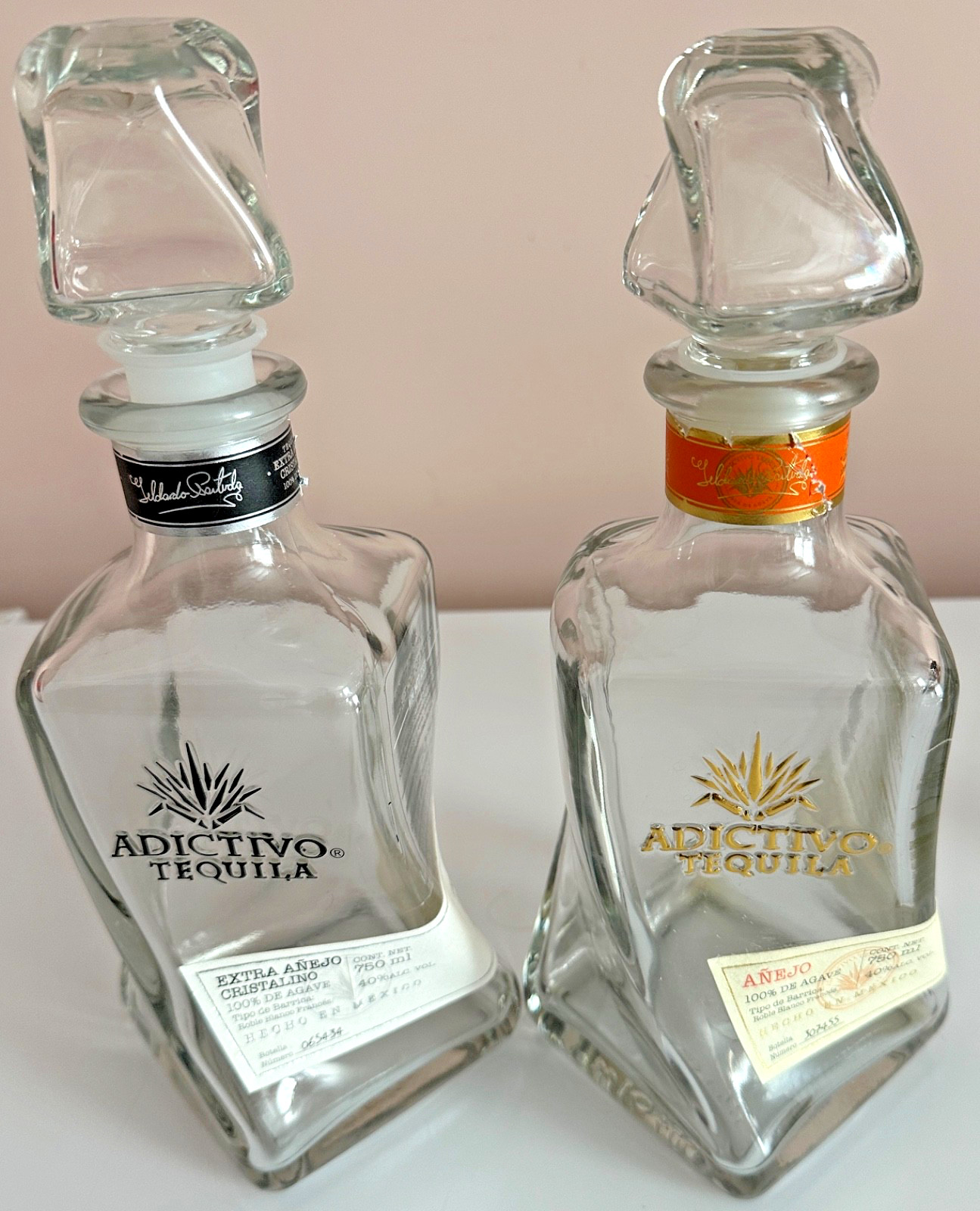 ADICTIVO Tequila Empty Twisted Bottles (2) ANEJO & EXTRA ANEJO CRISTALINO w/Refi