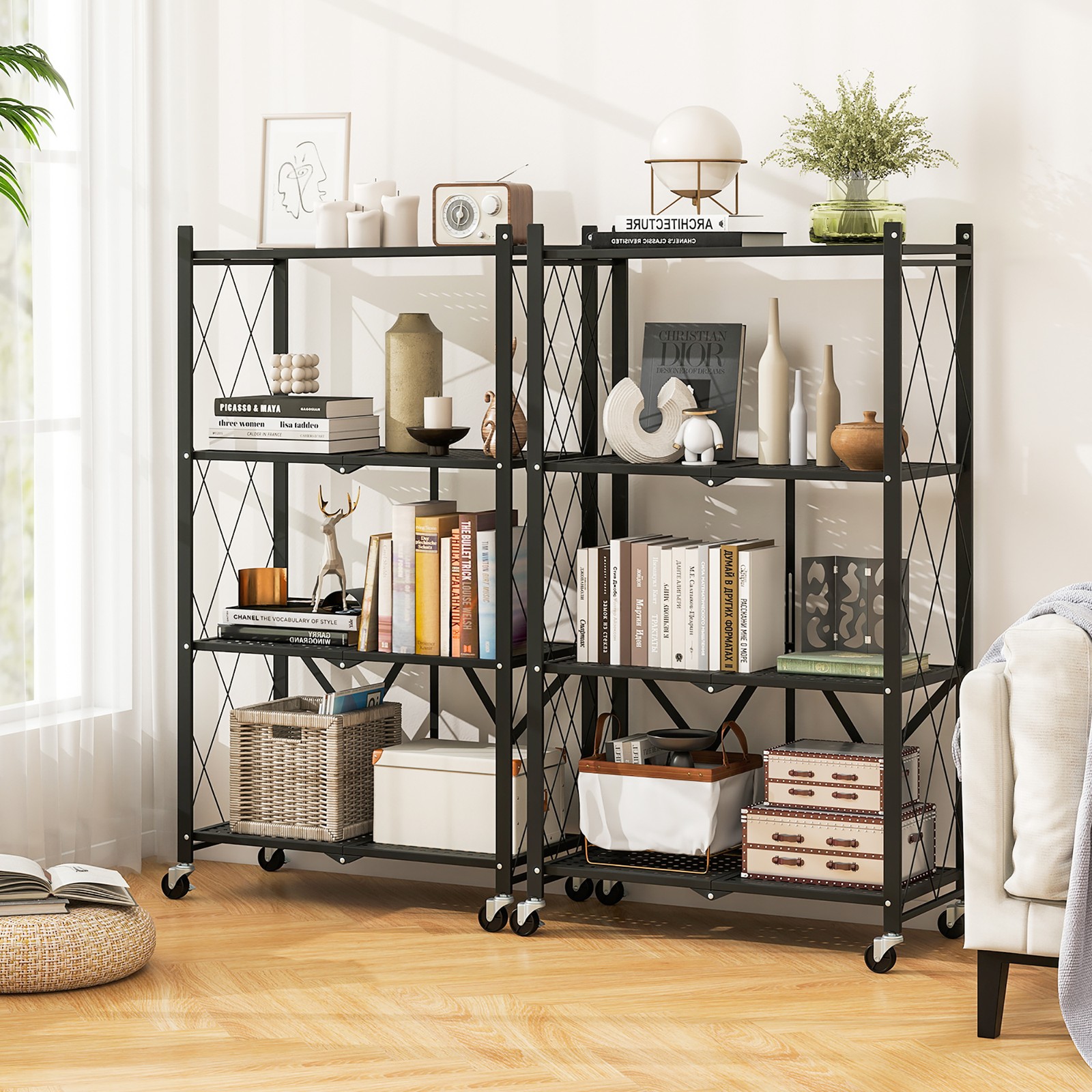 2PCS 4-tier Foldable Storage Shelving Unit w/4 Universal Wheels for Kitchen