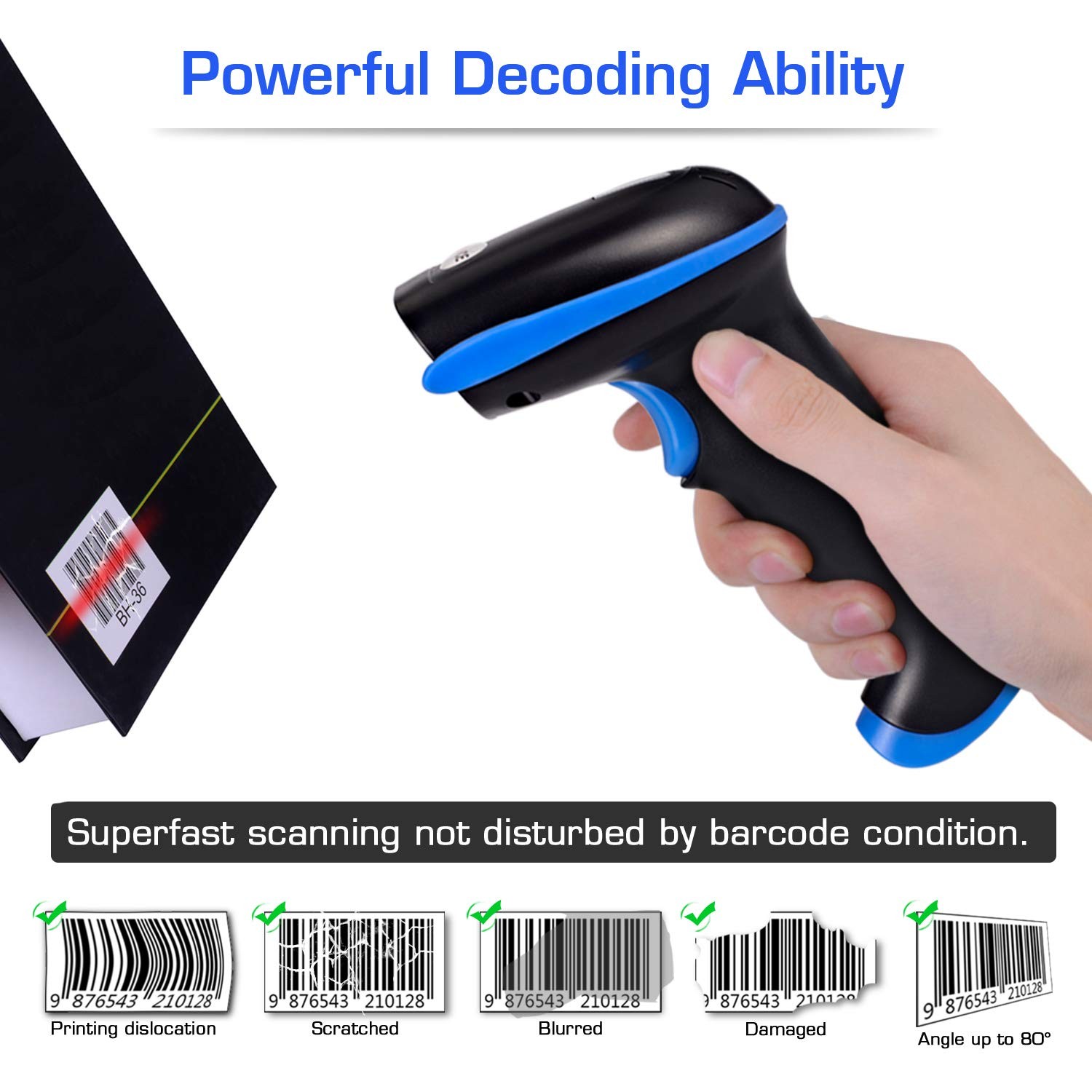 Blue 2.4G Wireless 1D Barcode Scanner Handheld Cordless Reader 100ft Range