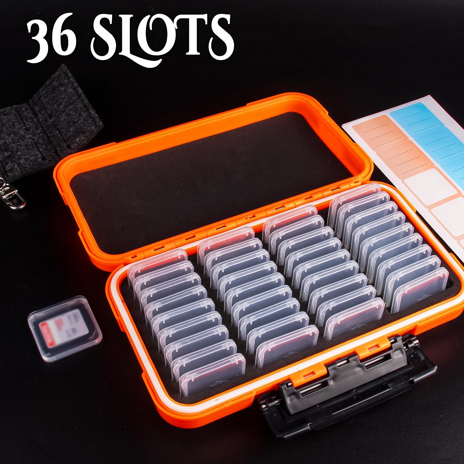 36 Slots Memory Card Case Orange with 36 Transparent Holders & 40 Writable La...