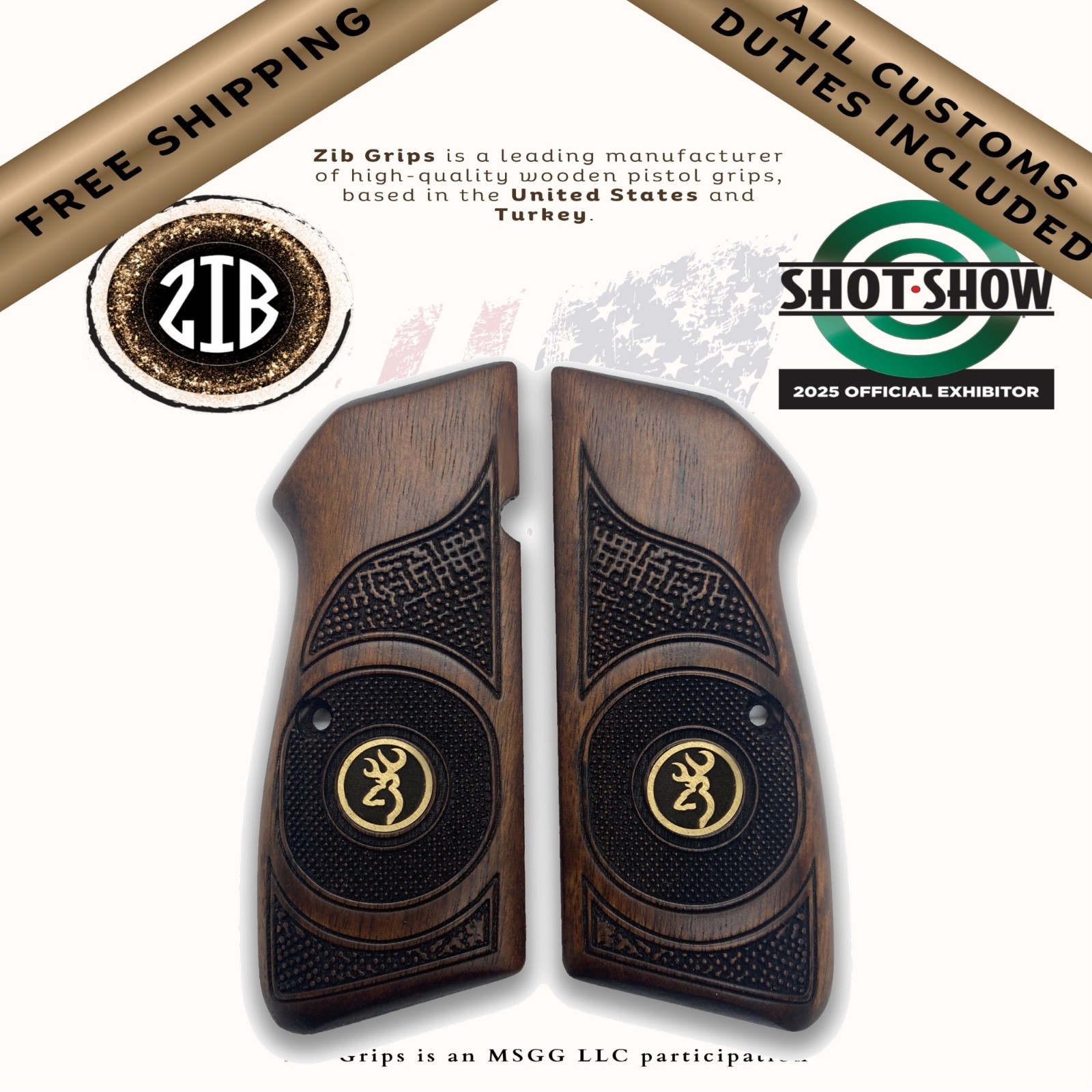 ZIB Grips Browning Hi-Power Sport Brown Beech Brass Logo Grips HP SA-35 BR-9