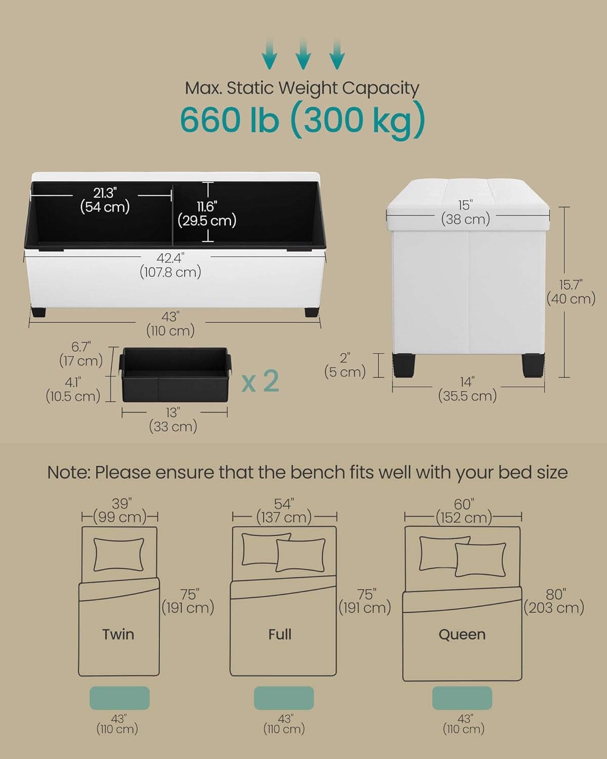 Cloud White Leatherette Storage Ottoman Bench 15x43