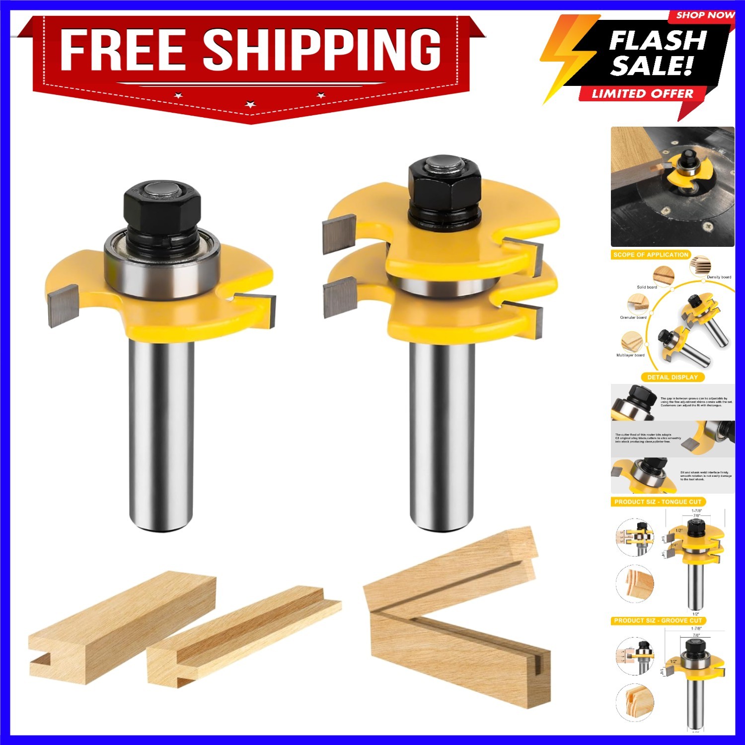 Tongue and Groove Router Bit Set 1/2 Inch Shank, 2 Pieces 1/2" Router Bits 3 ...