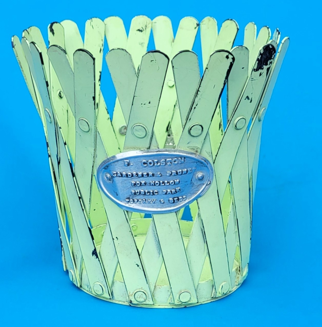Green Metal Planter Aged - F. Colston Fox Hollow Park Plaque : Cottage Decor