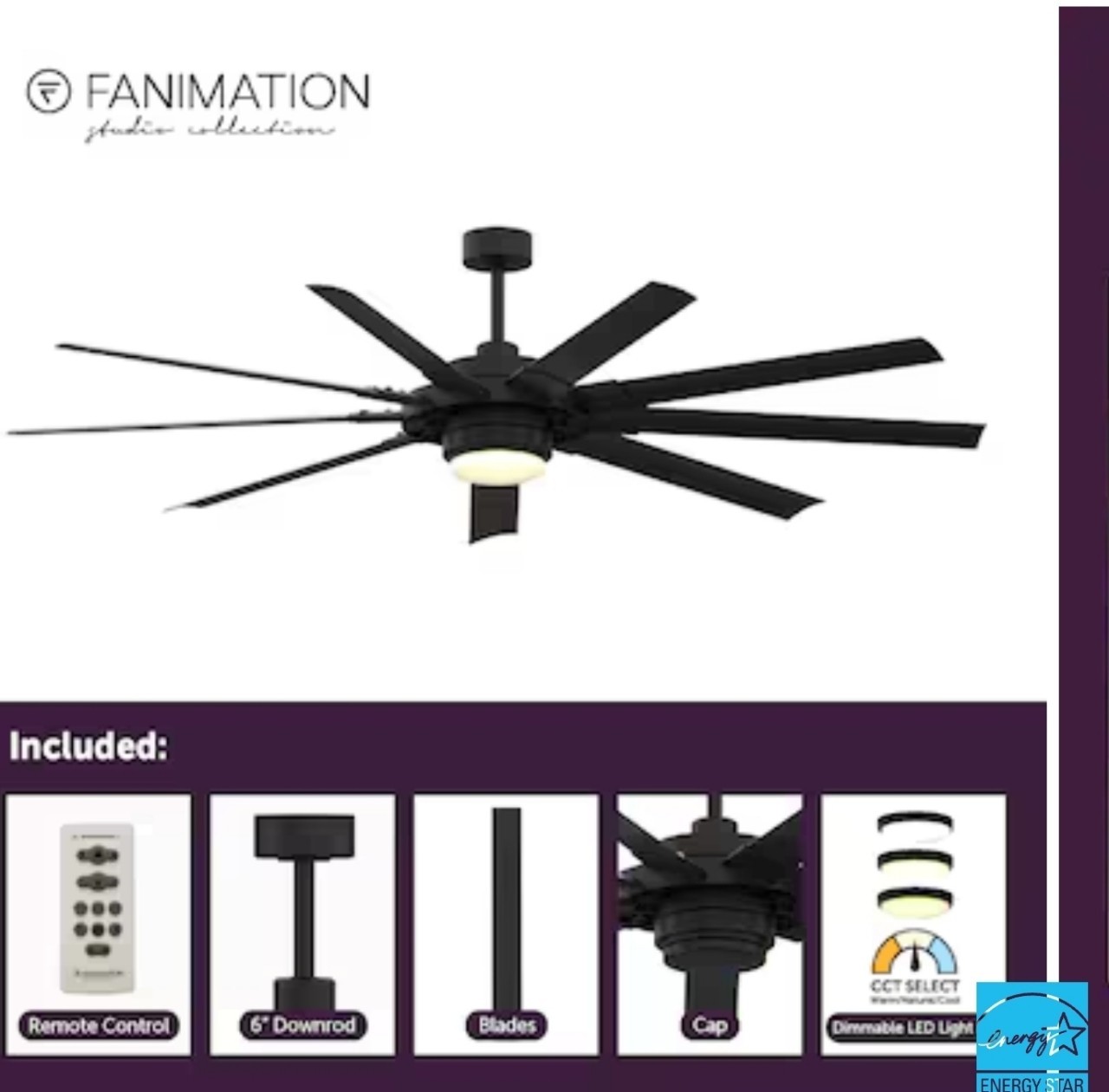 Fanimation Slinger v2 72-in Ceiling Fan with LED Light and Remote Control -Black