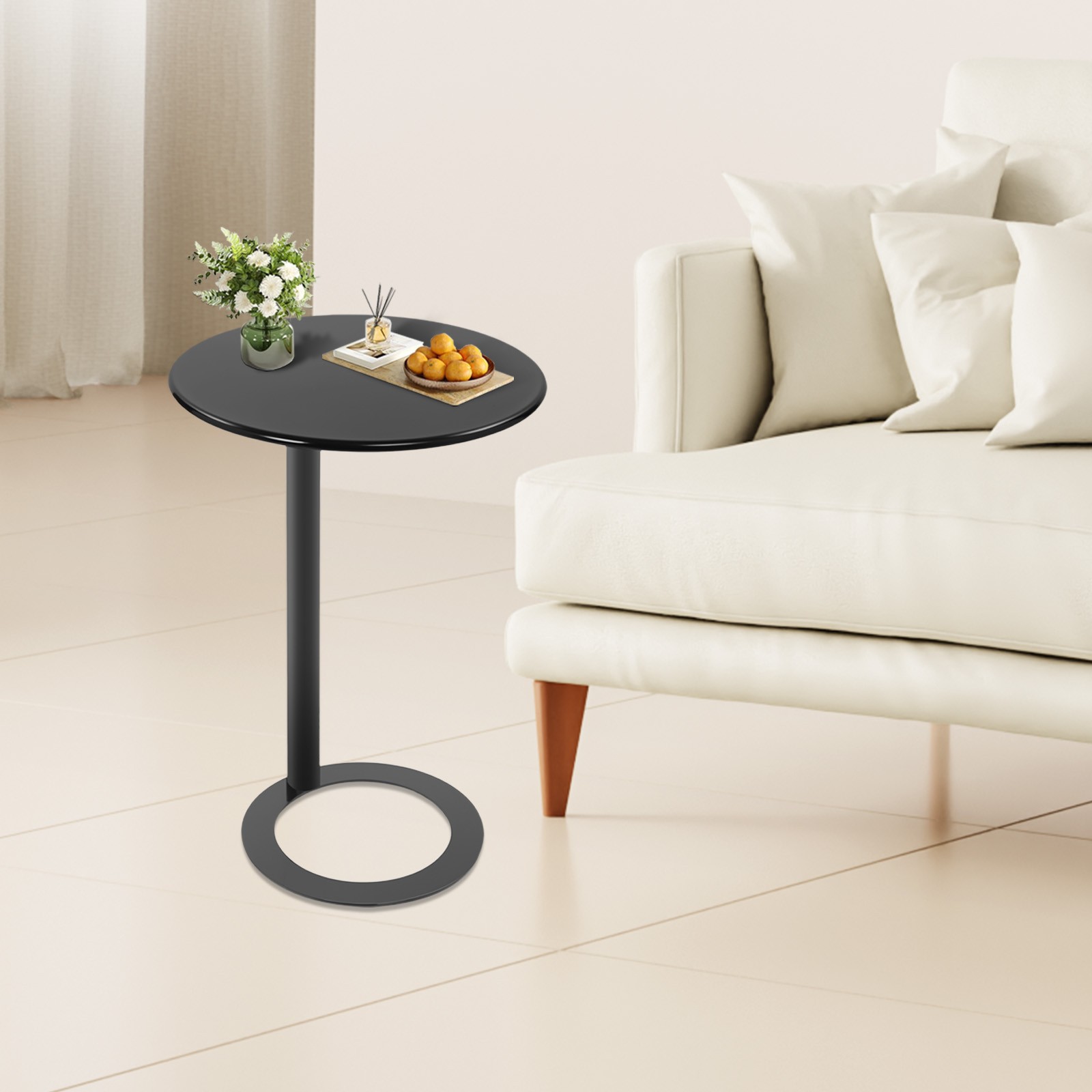 48x69cm Round Side Table Black Side Table for Small Spaces with O-shaped Base