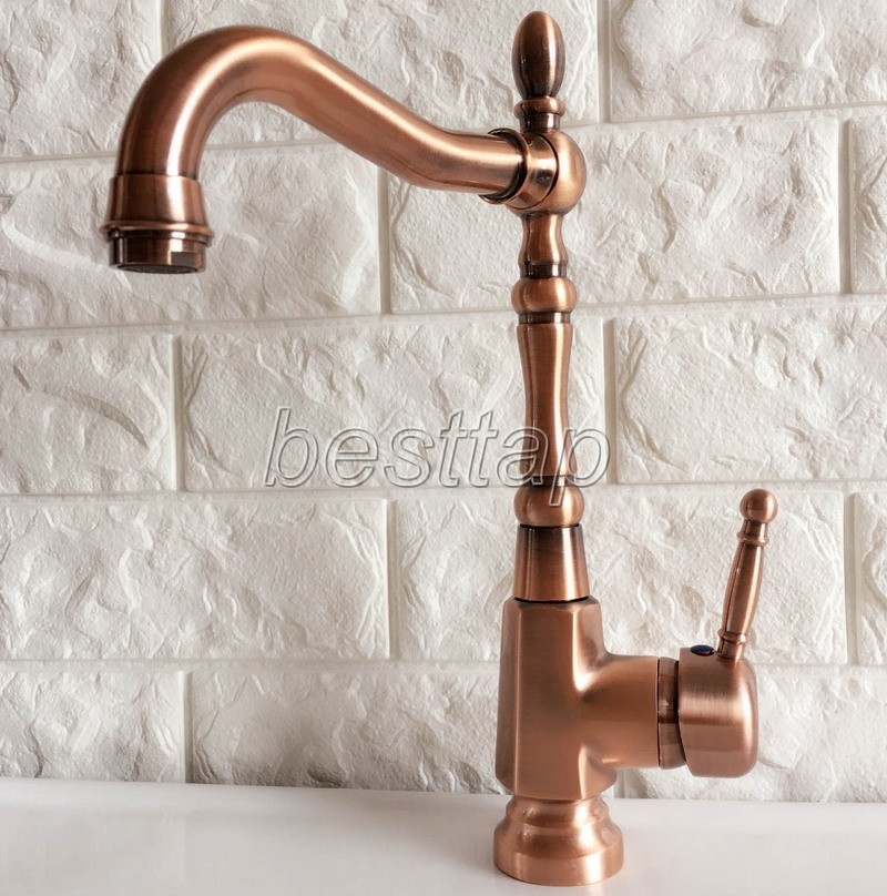 Antique Red Copper Bathroom Kitchen Bar Vessel Sink Swivel Faucet Tap snf415