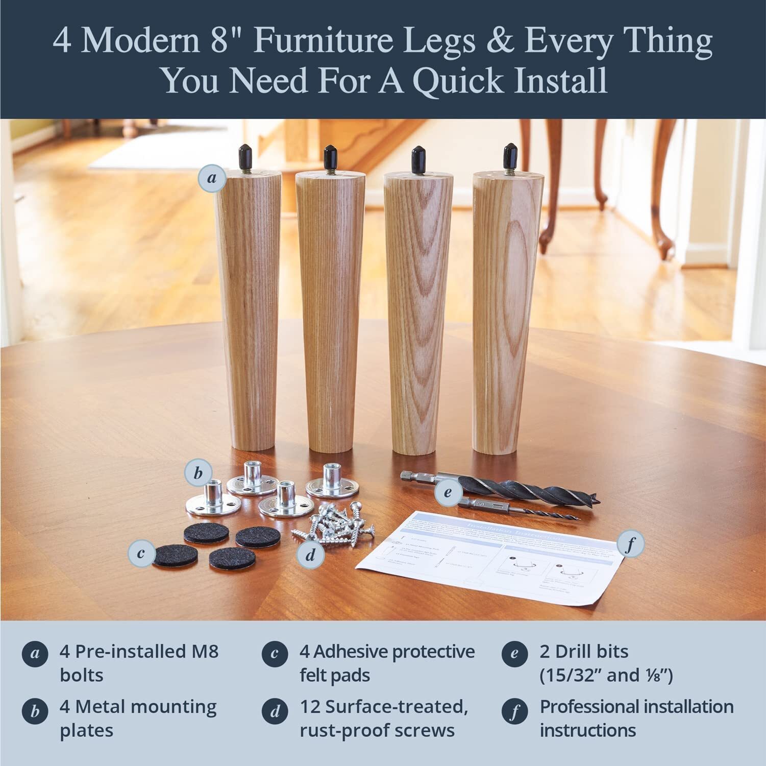 Premium Ash Wood Furniture Legs Full Install Kit - Pick Your Size and Color