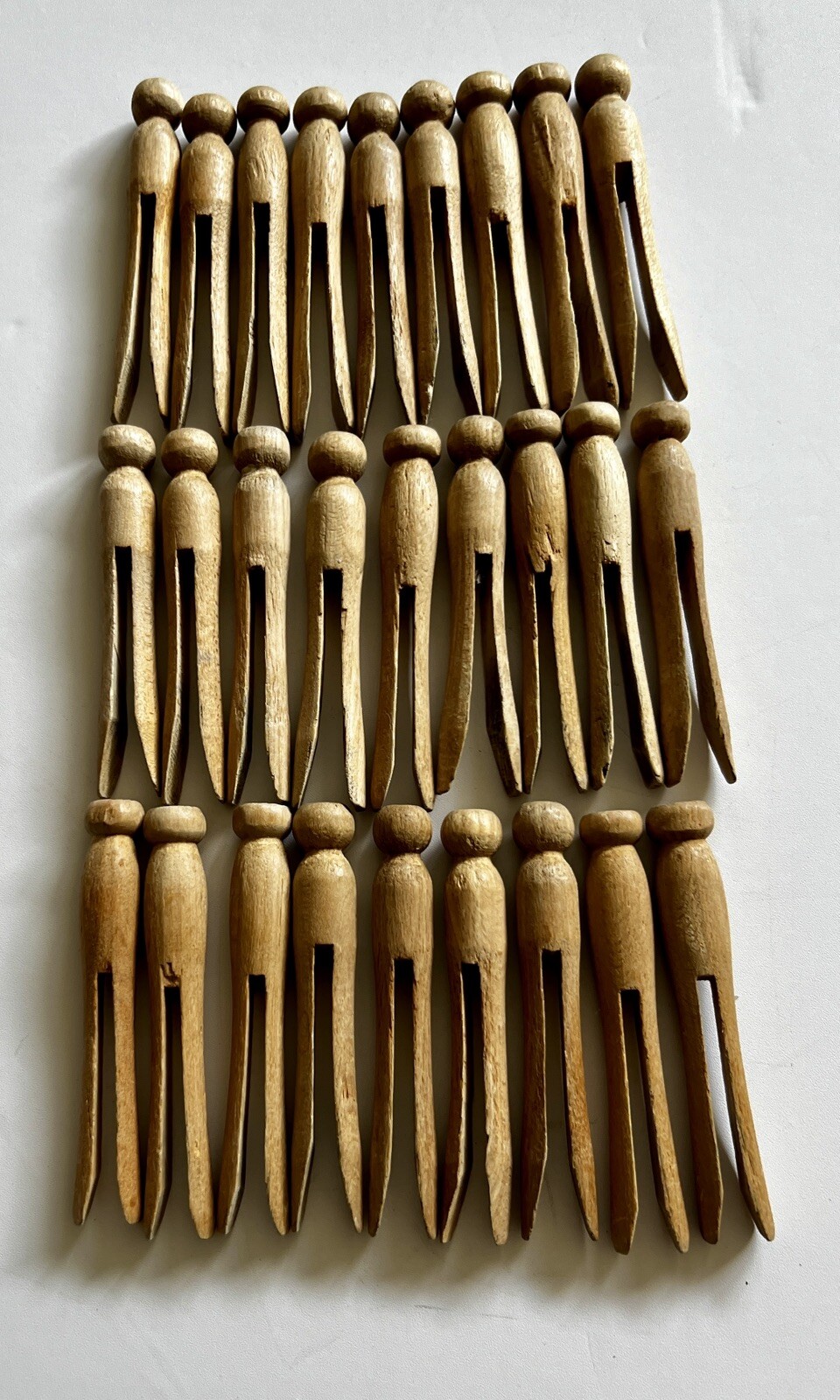 27 Vintage Wooden Round Headed Clothes Pins Excellent Used Condit. 3-3/4”Tx5/8”W