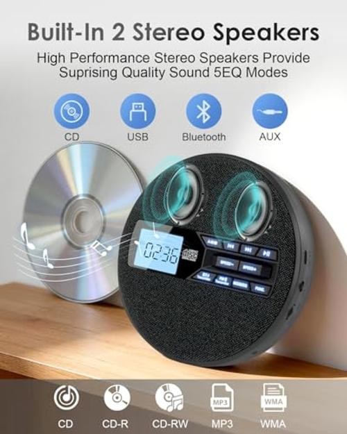 Portable CD Player with Bluetooth & FM Transmitter for Home & Car |