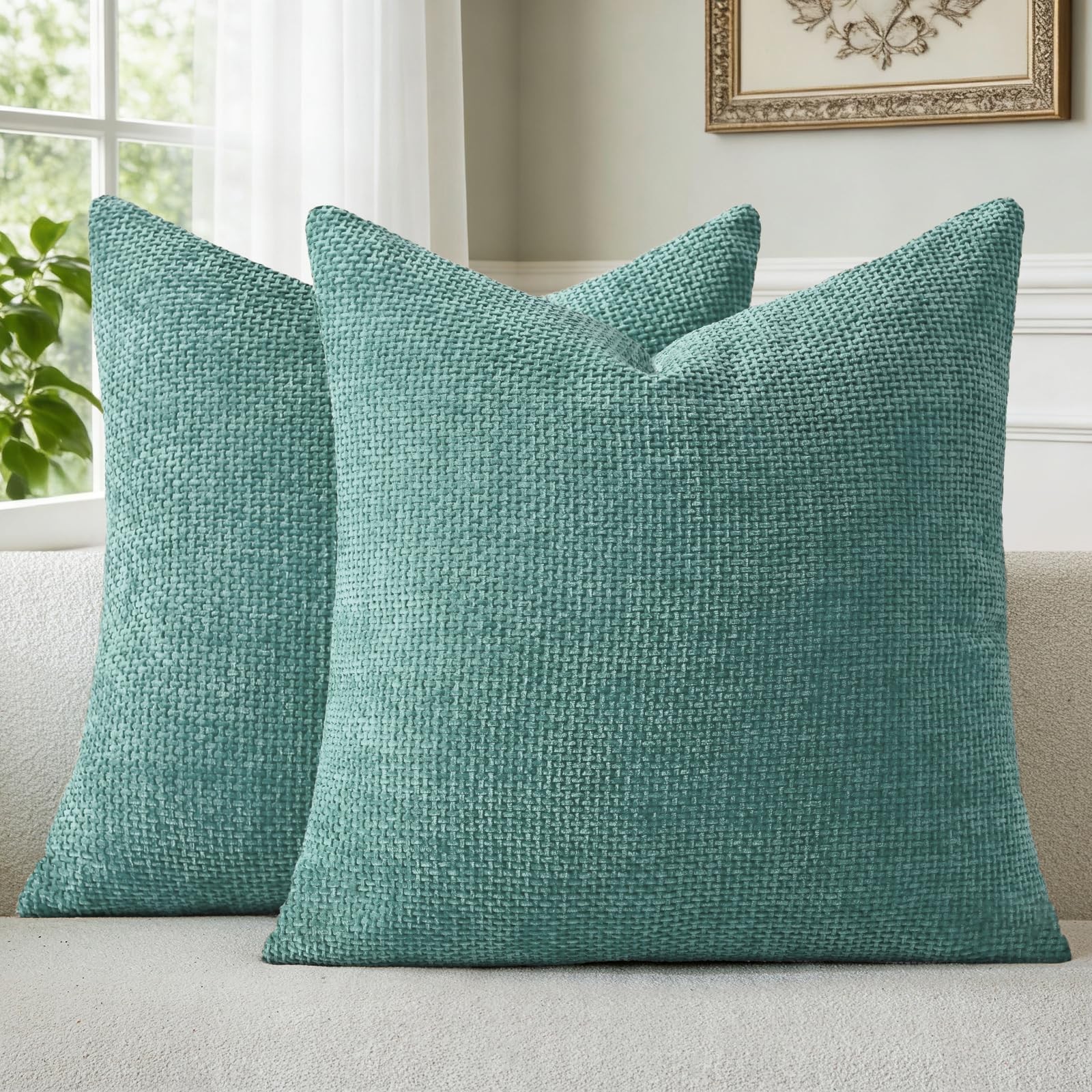 Teal Chenille Throw Pillow Covers 16x16 Inch Pack of 2 Modern Decorative Thro...