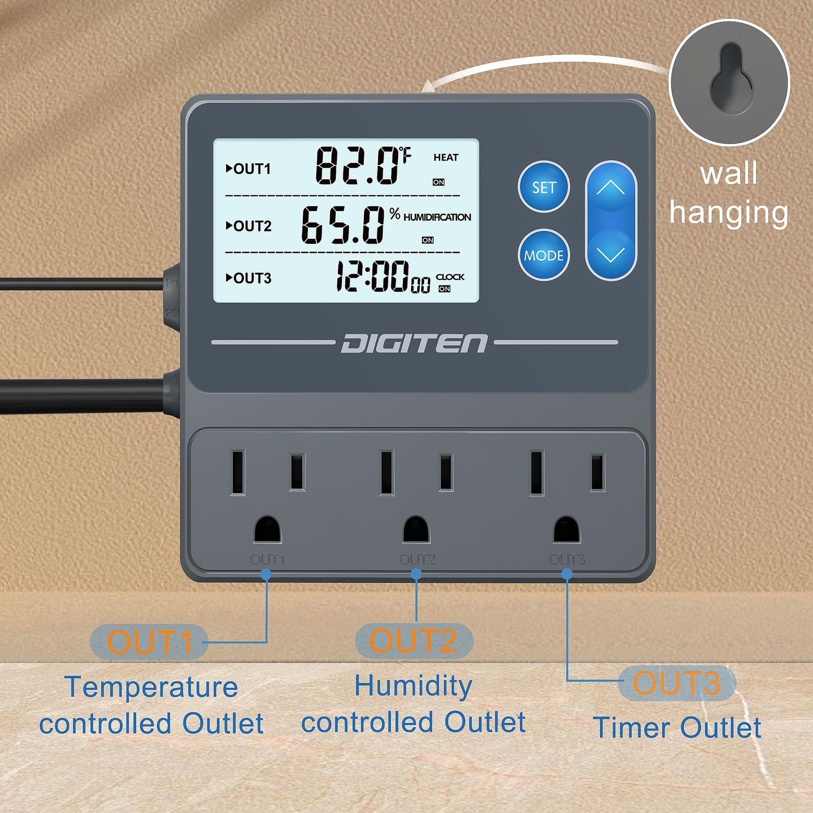 DIGITEN Reptile Temperature and Humidity Controller with Timer Outlet, Gray