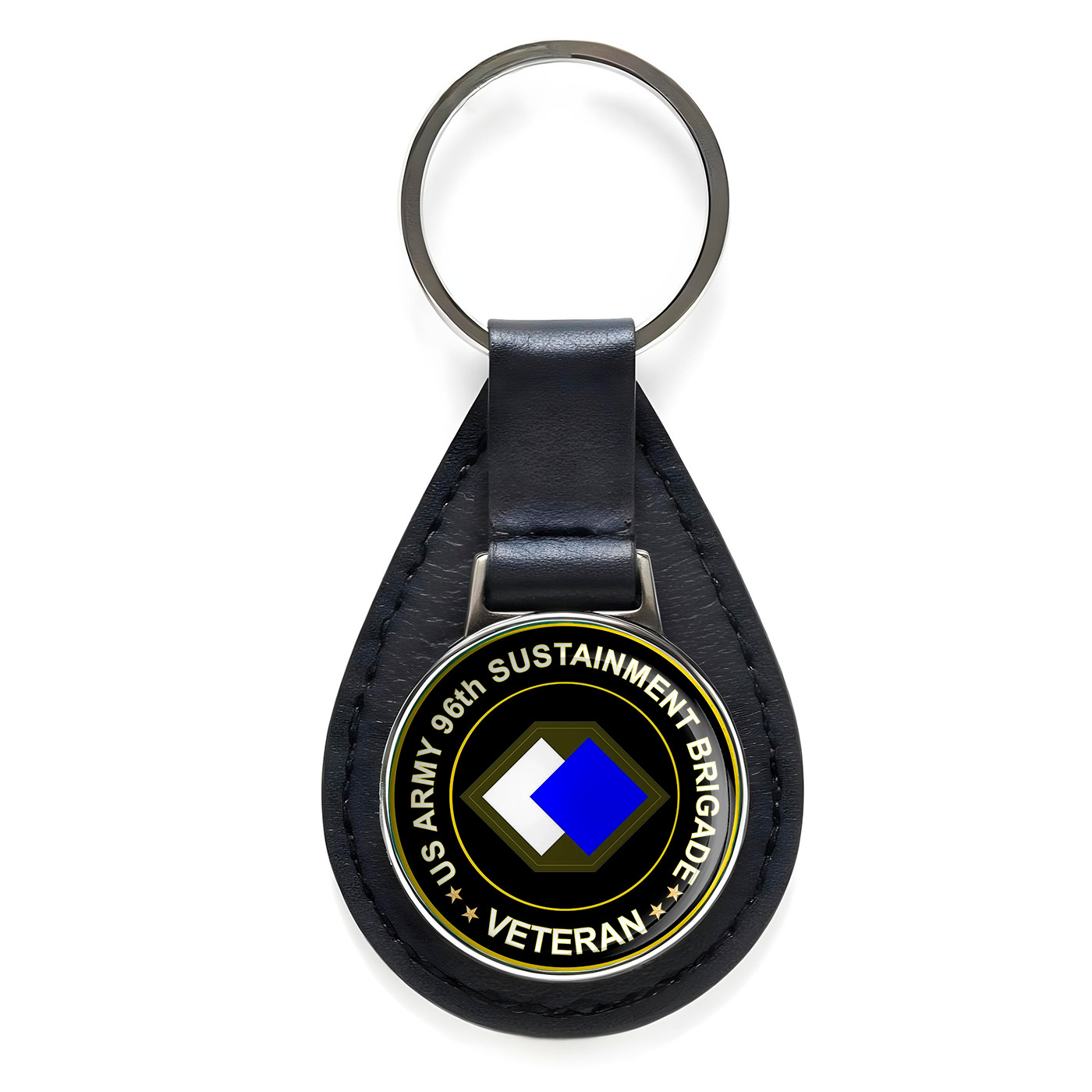 US Army 96th SUStainment Brigade Black Leather Keychain Silver Keyring