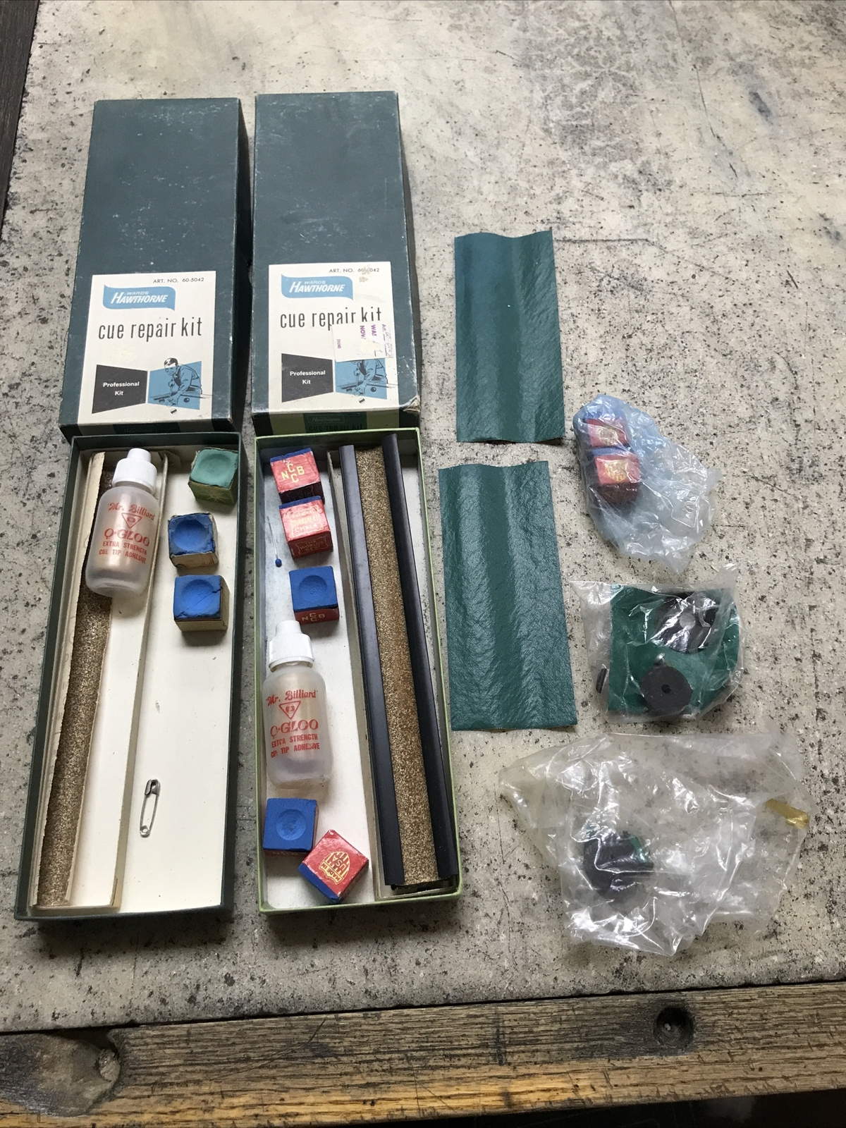 2 Vintage Wards Hawthorne Billiard Cue Repair Kits w/ Chalk & Parts - Fast Ship!