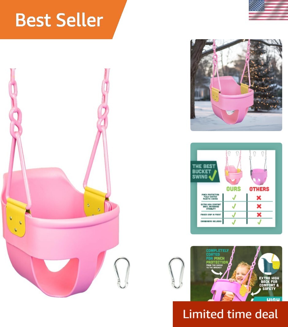 Premium Pink High Back Toddler Bucket Swing with Finger Grip for Safety