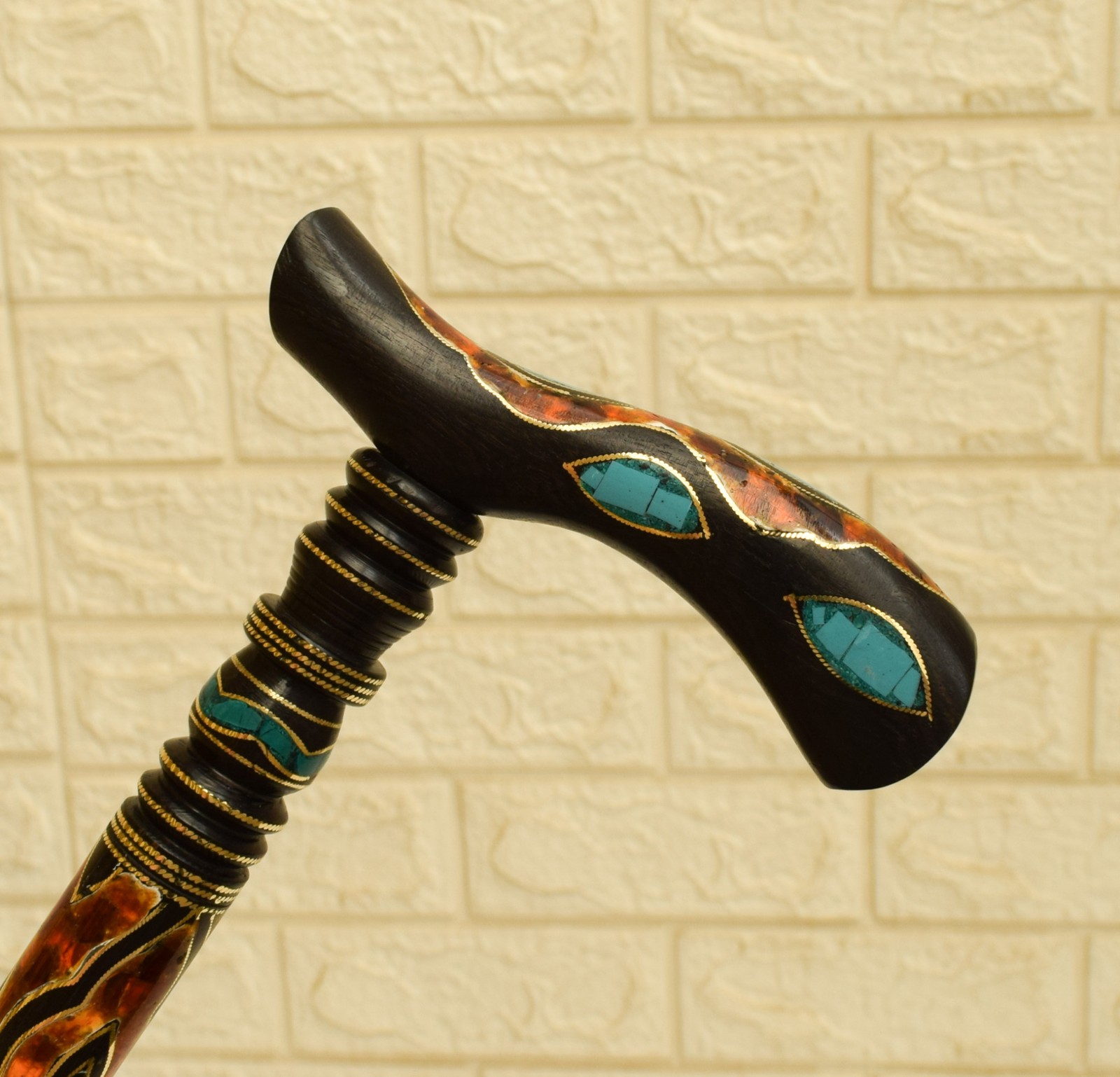 Handmade Ebony Walking Cane – Turquoise, Amber, Malachite Inlaid Wood Stick 36"