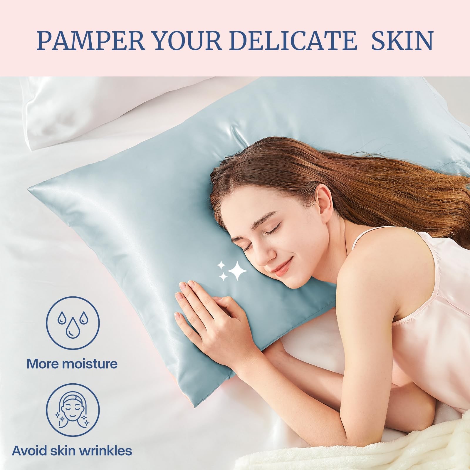 GoldSatin Pillow Covers 4 Pack, Envelope Design Hair Skin, Stone Blue