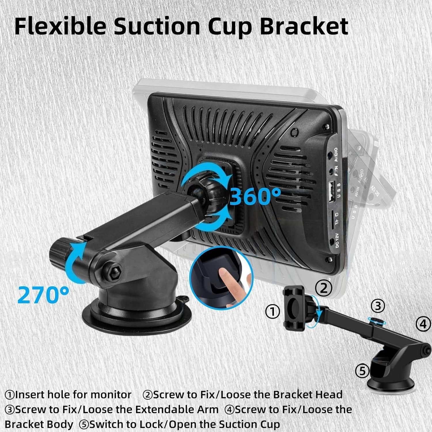 Carplay Mount, 360° Flexible Windshield Dashboard Holes Bracket, Black