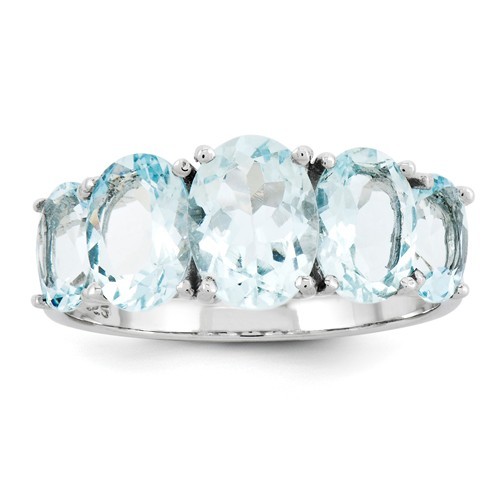 STERLING SILVER GENUINE NATURAL 3.4 CT 5-STONE BLUE AQUAMARINE RING - SIZE 8