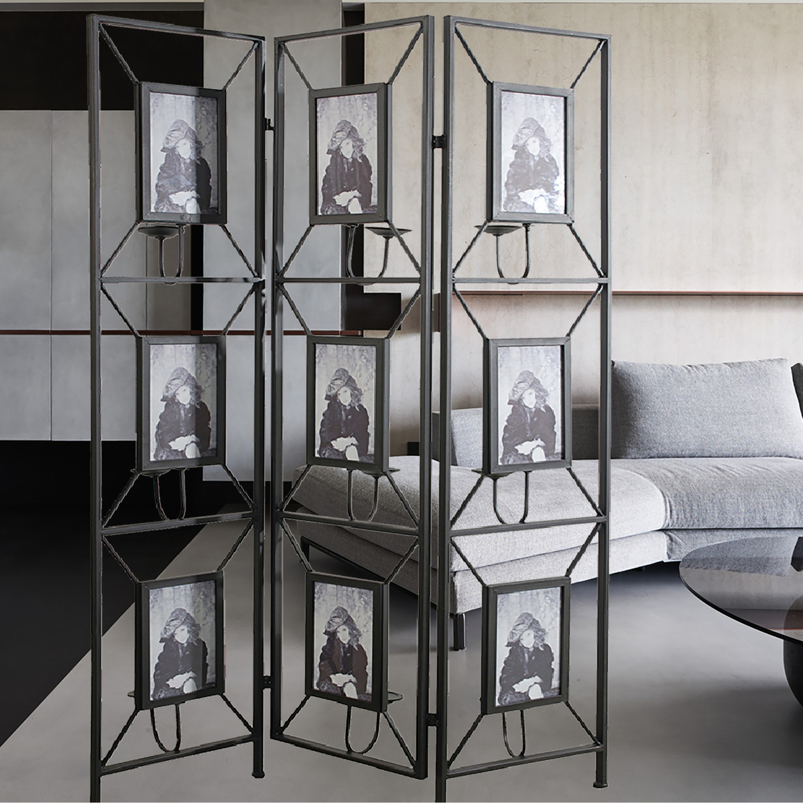 3-Panel Room Divider Screen w/9 Photo Frames, 71" Tall Folding Decorative Screen