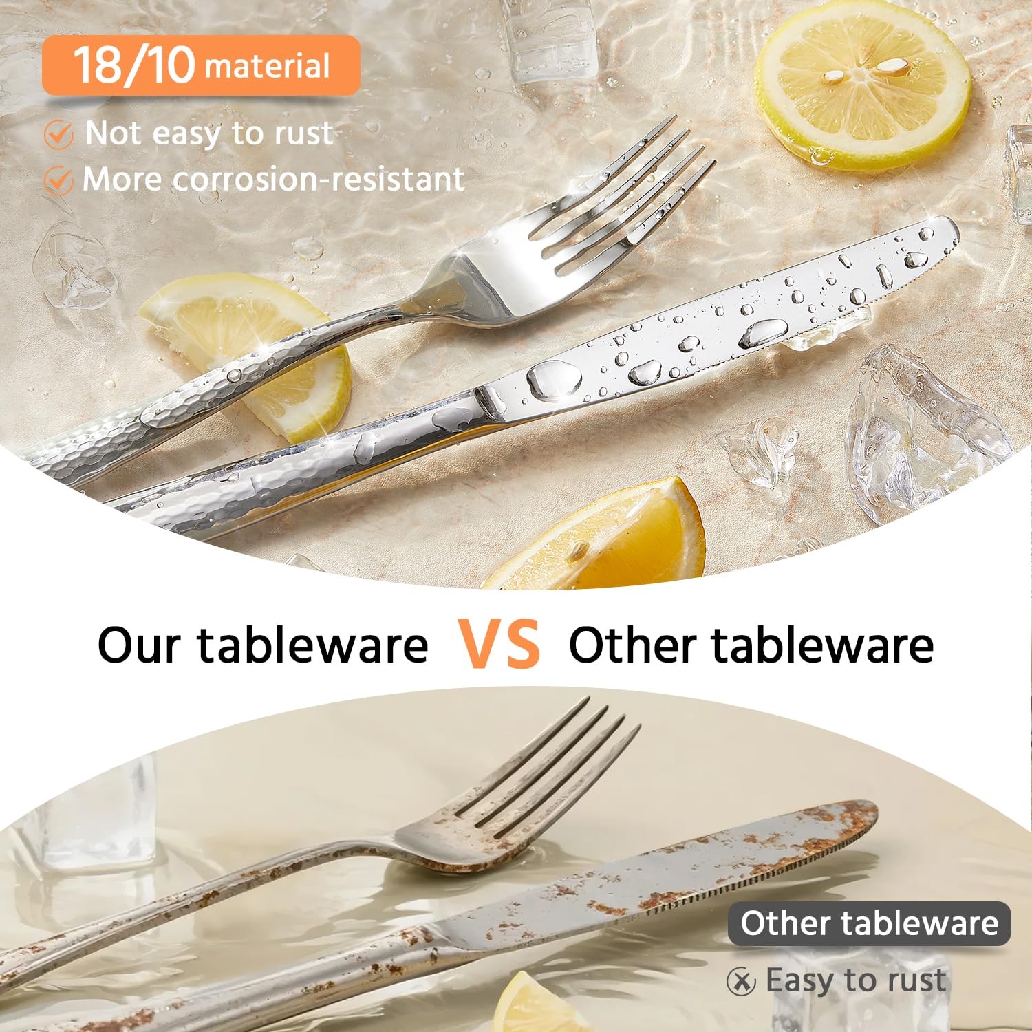 Kingstone Hammered Silverware Set, 5-Piece Flatware Set for 1, 18/10 Stainles...