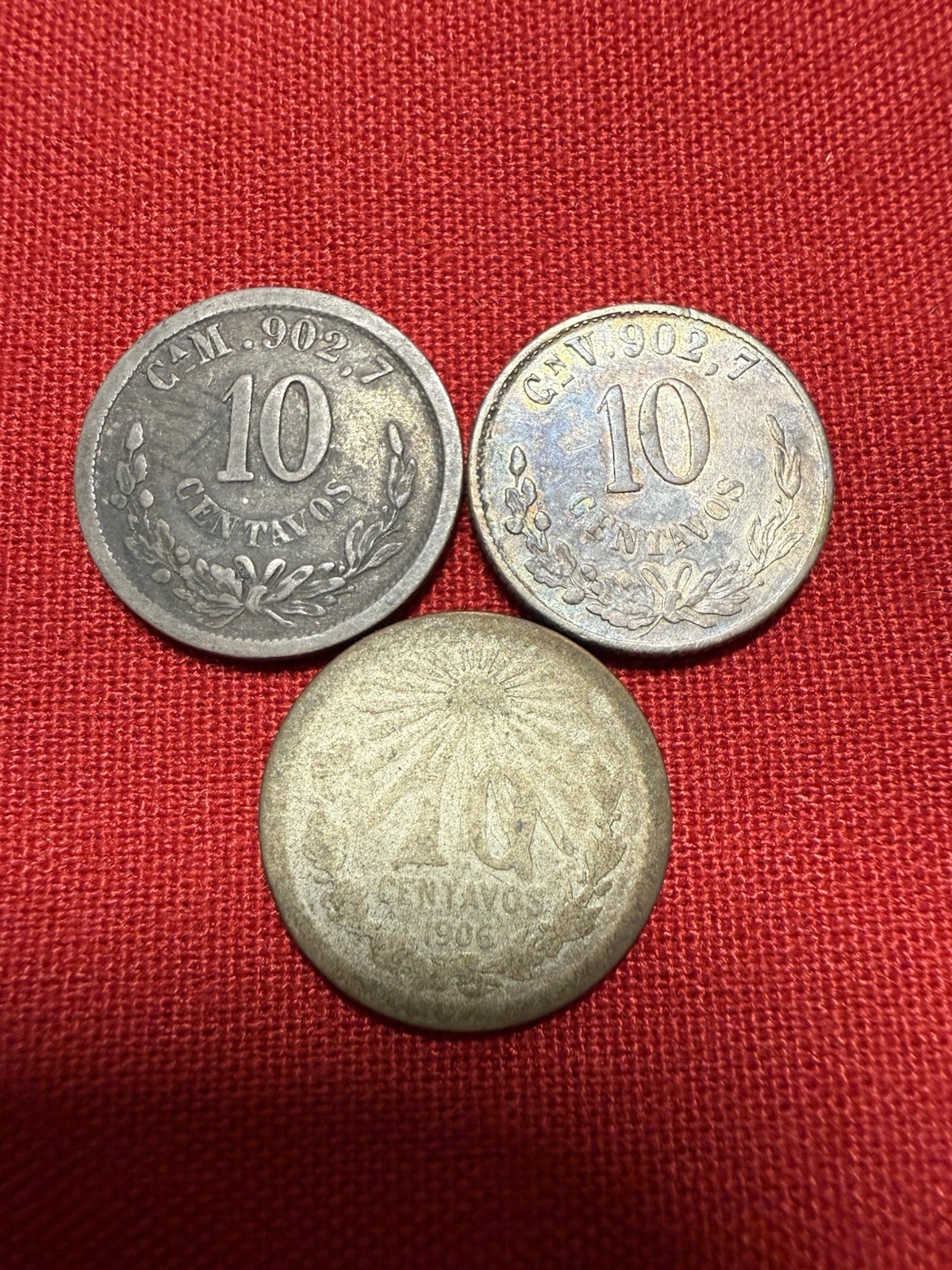 1890/1903/1906 Set Of 3 Mexico 10 Centavos Coins