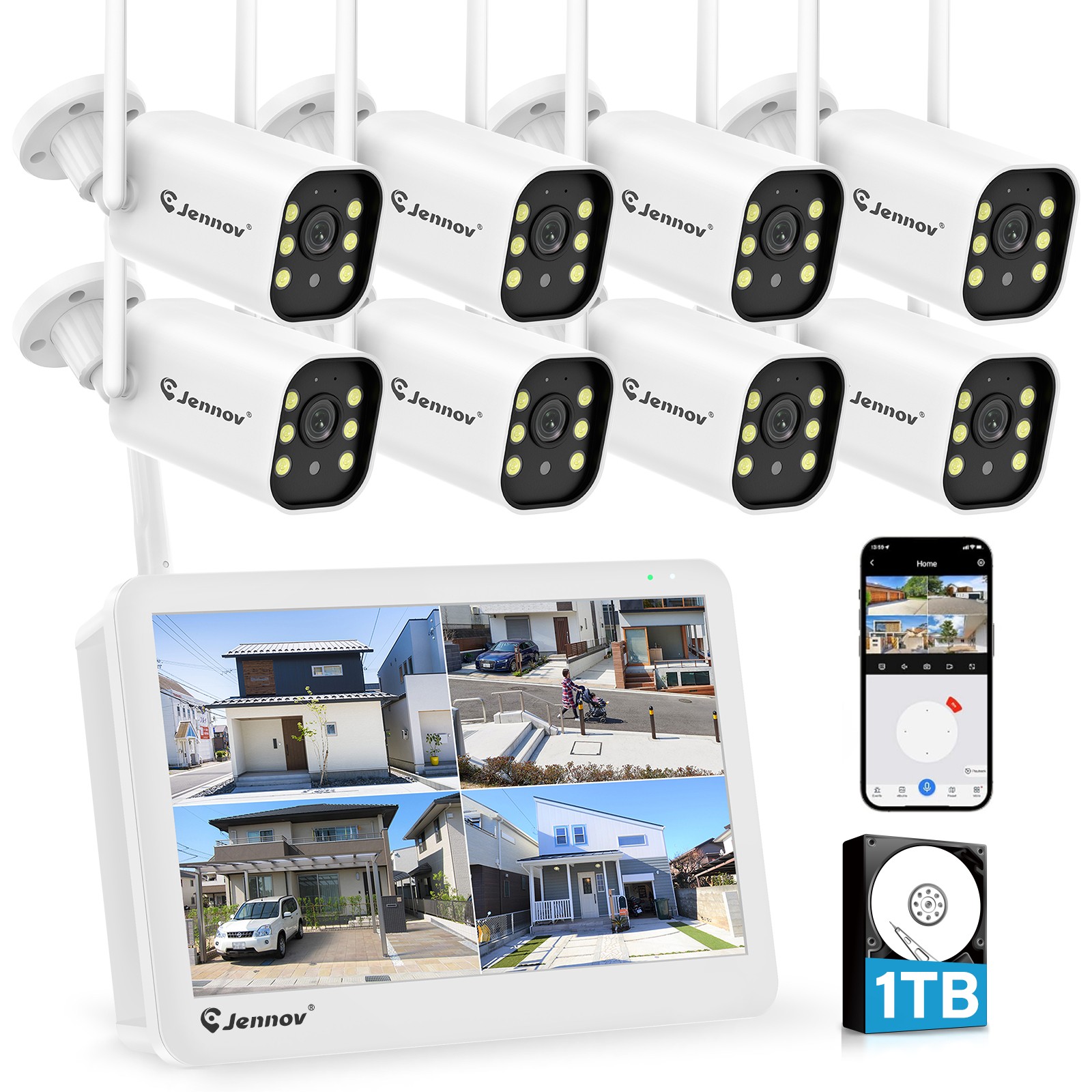 Jennov Security Camera Wireless Exterior WiFi IP Camera Outdoor 10CH 1TB Monitor