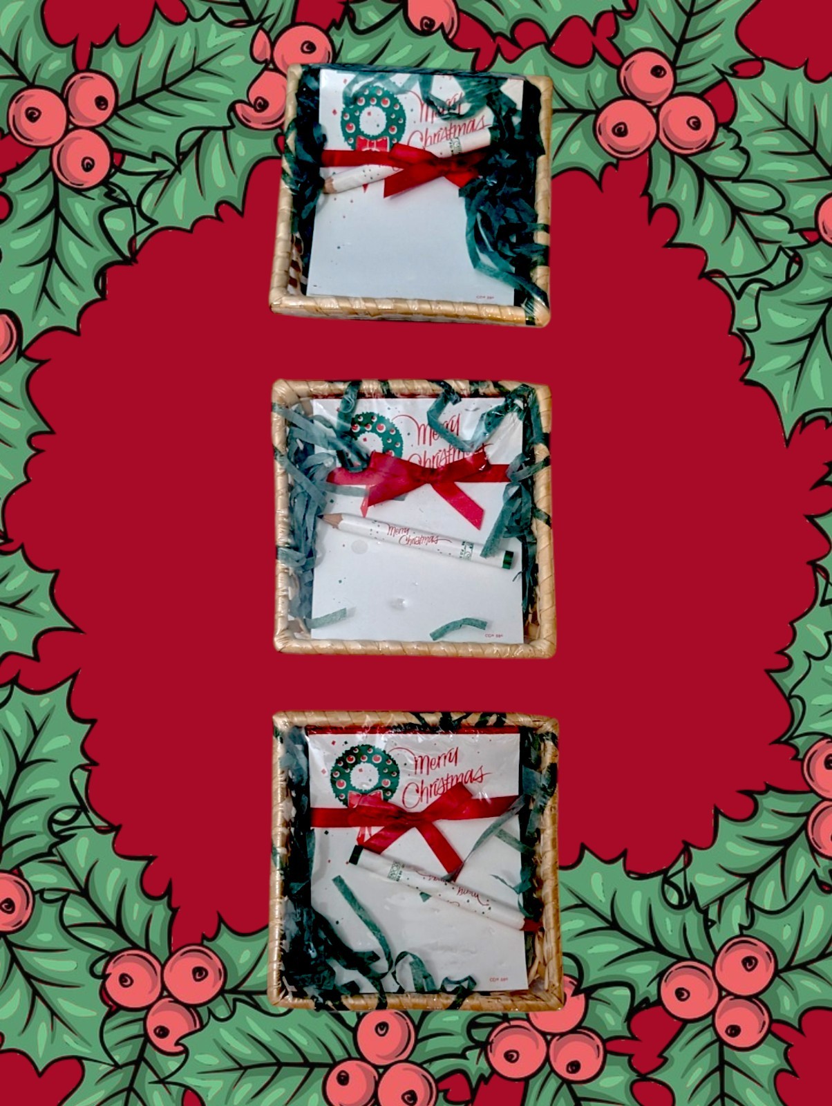 CHRISTMAS Holiday Notepad Pencil & Basket 150 Total Sheets Of Paper Set Of 3