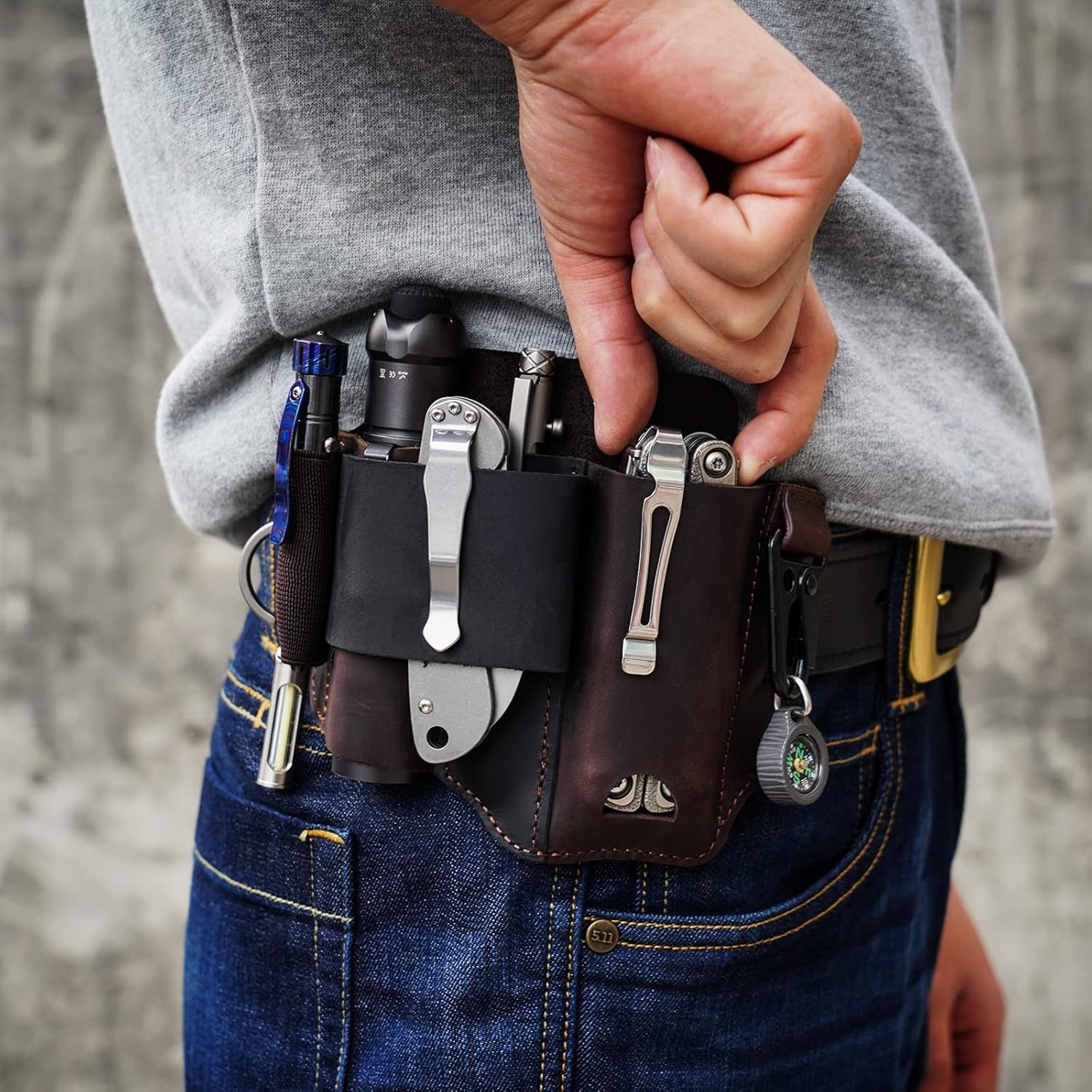 ST1 Leather Multitool Sheath - EDC Belt Organizer for Leatherman Tools, Flashlig