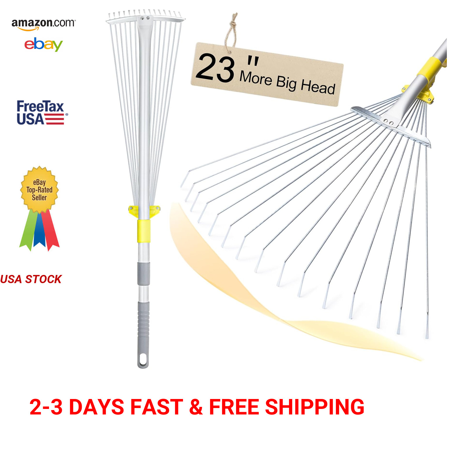 Adjustable Leaf Rake, Large Garden Rake with Expandable 7-23 Inch Head