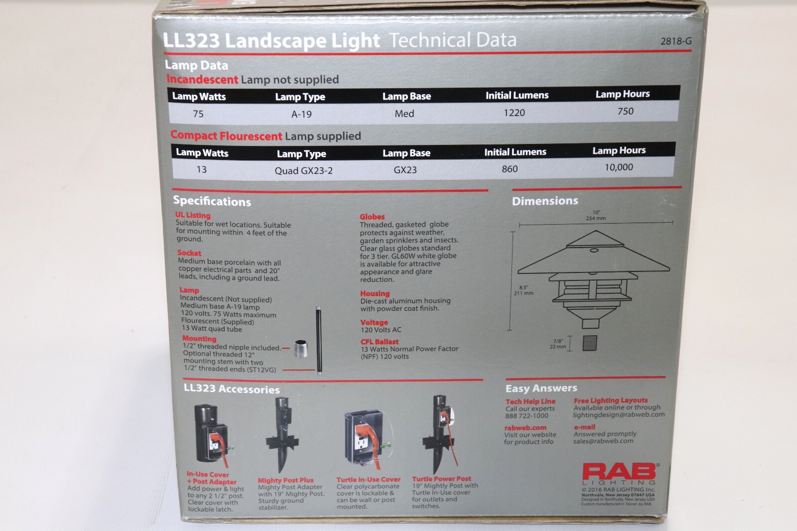 RAB LL323B PAGODA LAWN LIGHT, INCANDESCENT/COMPACT FLUORESCENT LANDSCAPE, BLACK