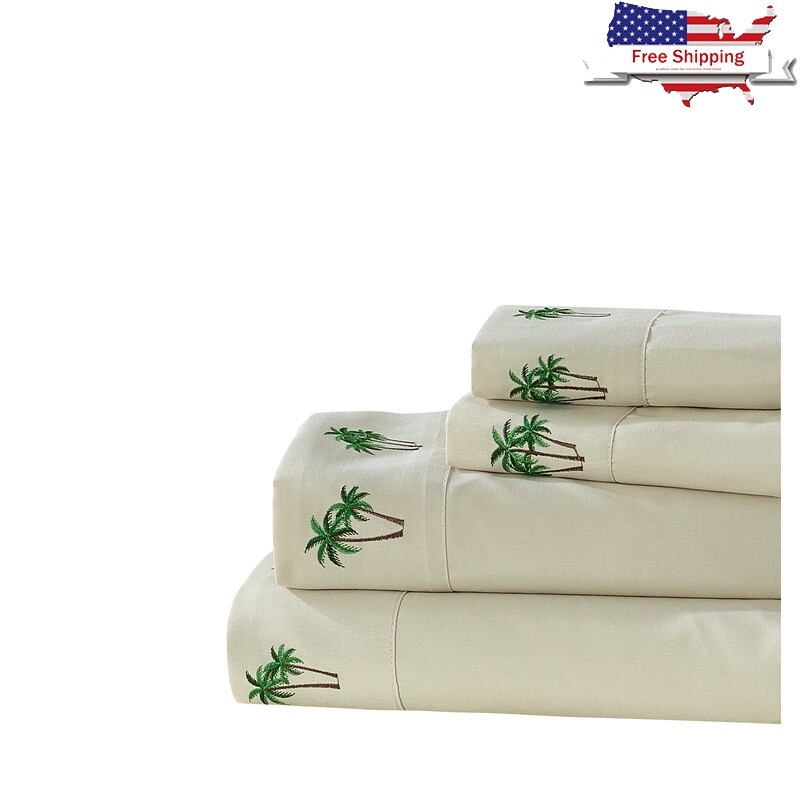 Embroidered Palm Tree Sheet Set Twin 120 Thread Count Polyester Unisex New White
