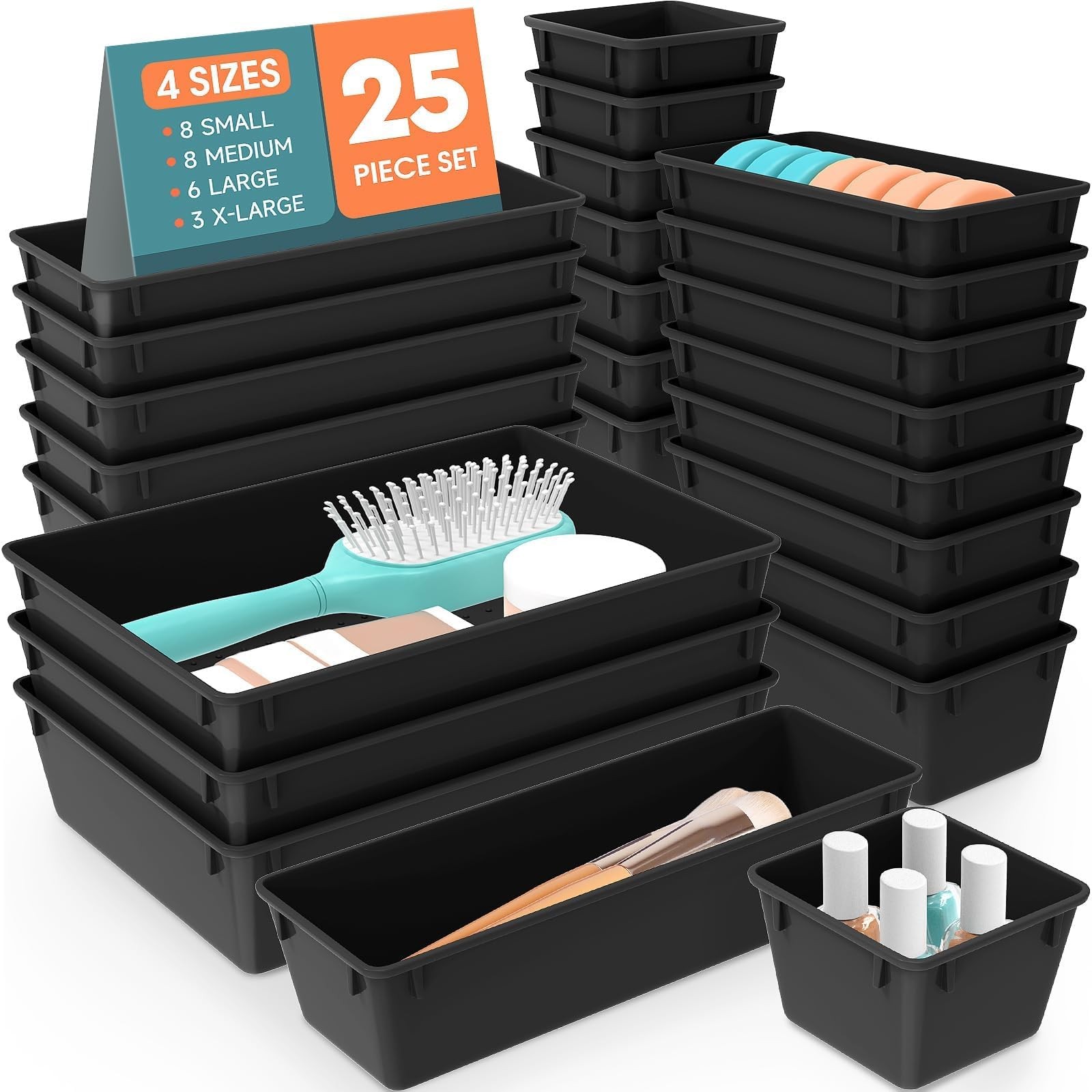25 PCS Plastic Drawer Organizer Set, 4-Size Versatile Organizer Trays & Stora...