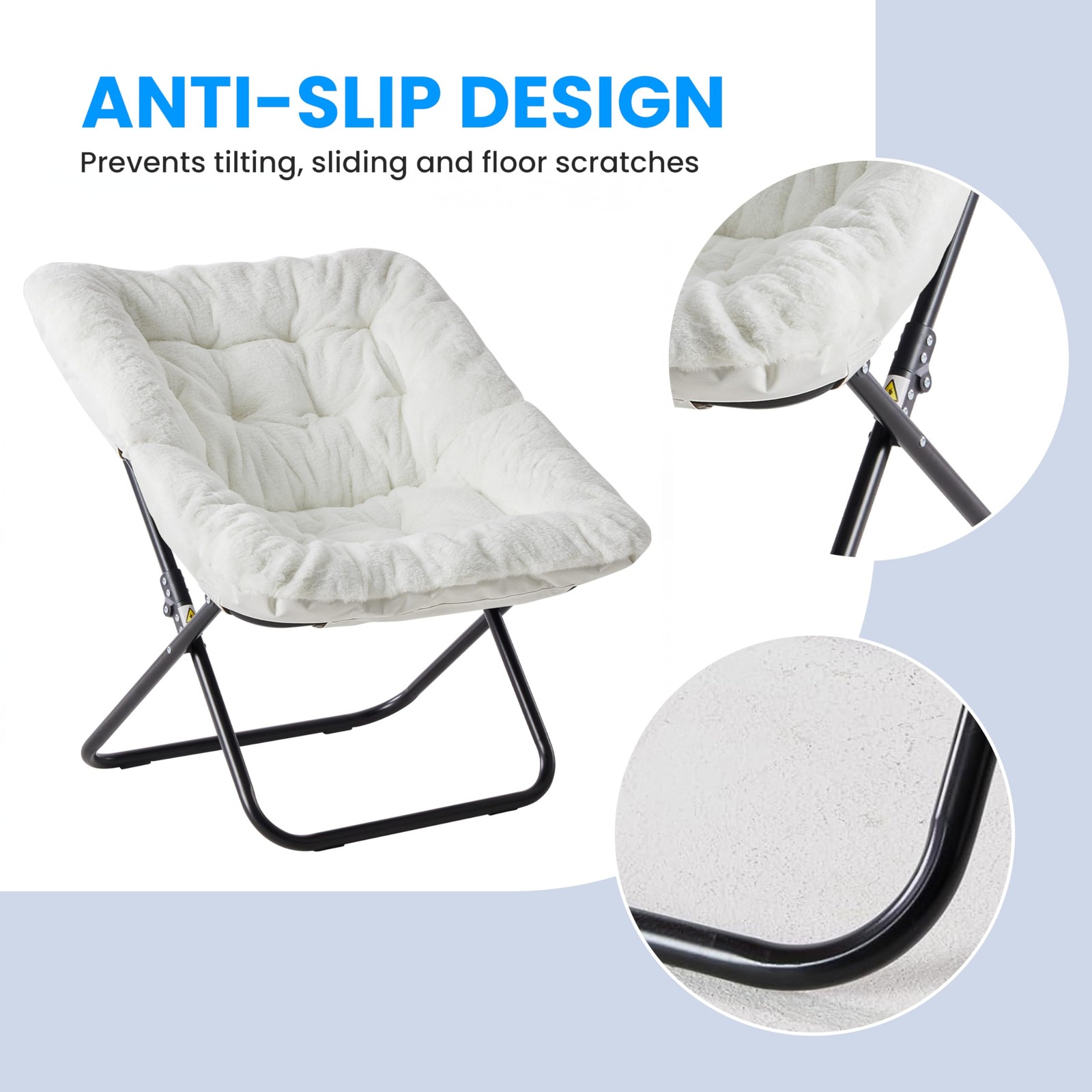 Large Saucer Chair Oversized Folding Faux-Fur Metal Lounge Chair White