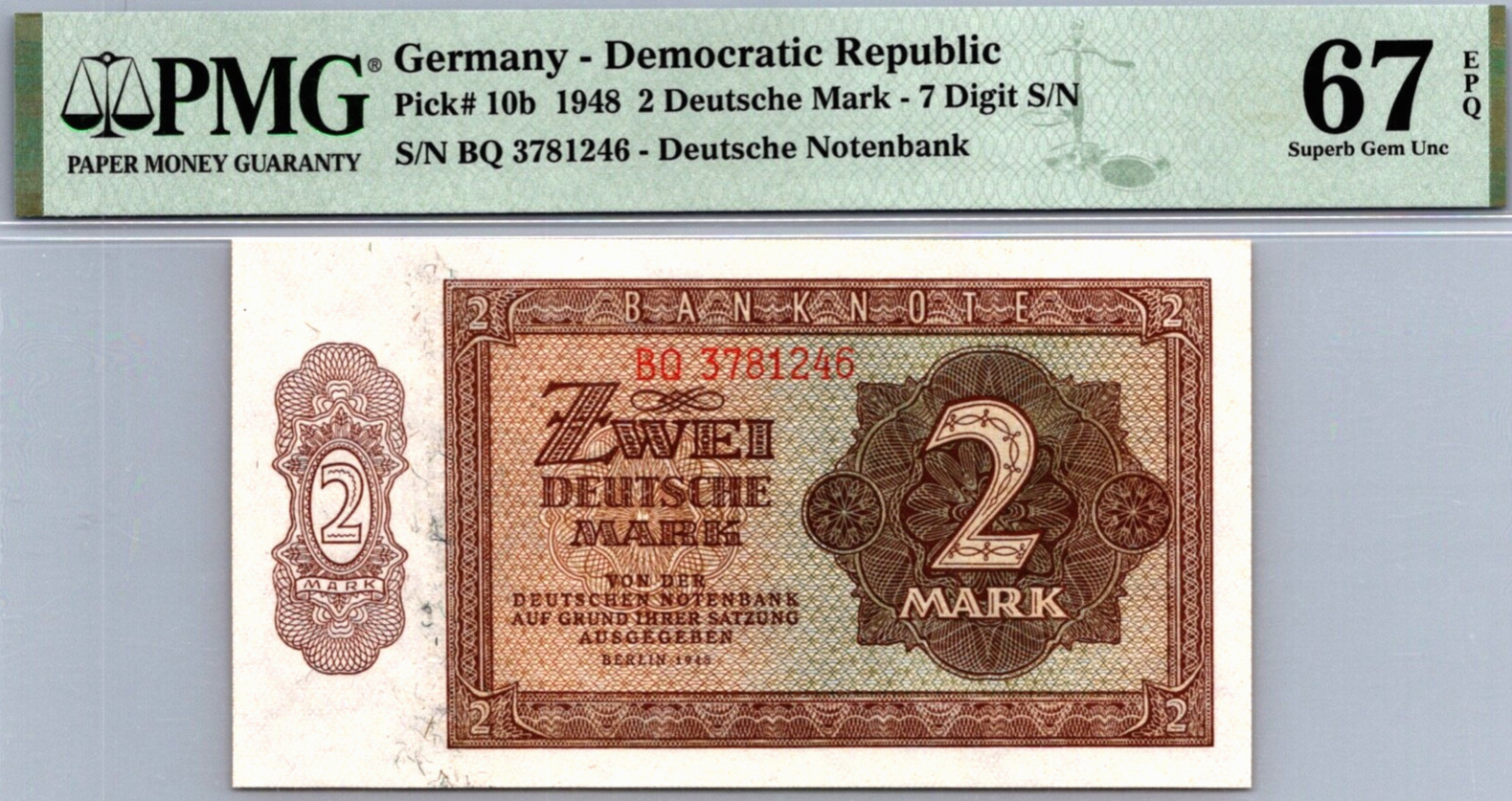 Germany 2 Mark 1948 PMG 67 EPQ SUPERB GEM UNC Pick # 10b
