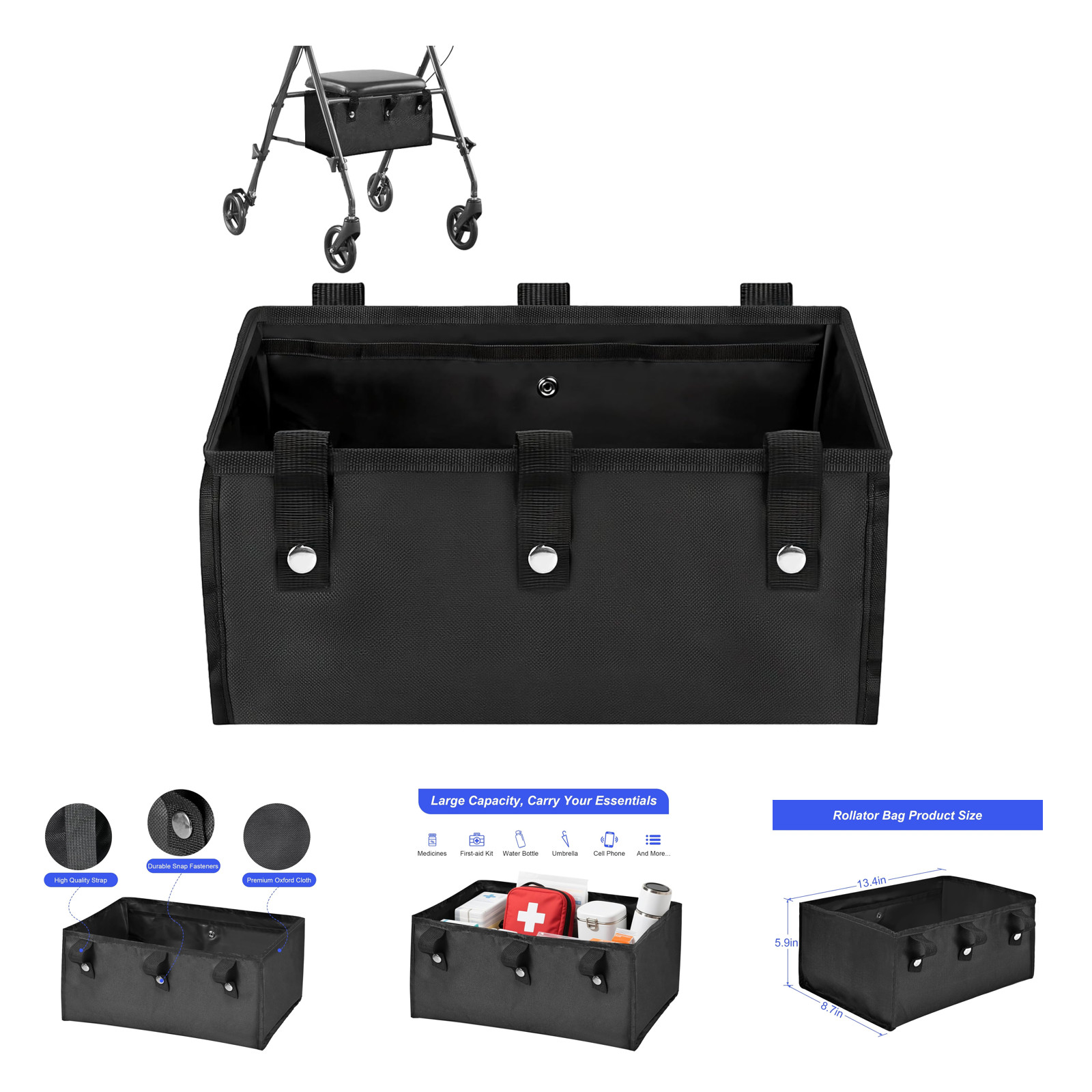 Under Seat Rollator Bag Walker Storage with Four Pockets for Seniors Durable PU