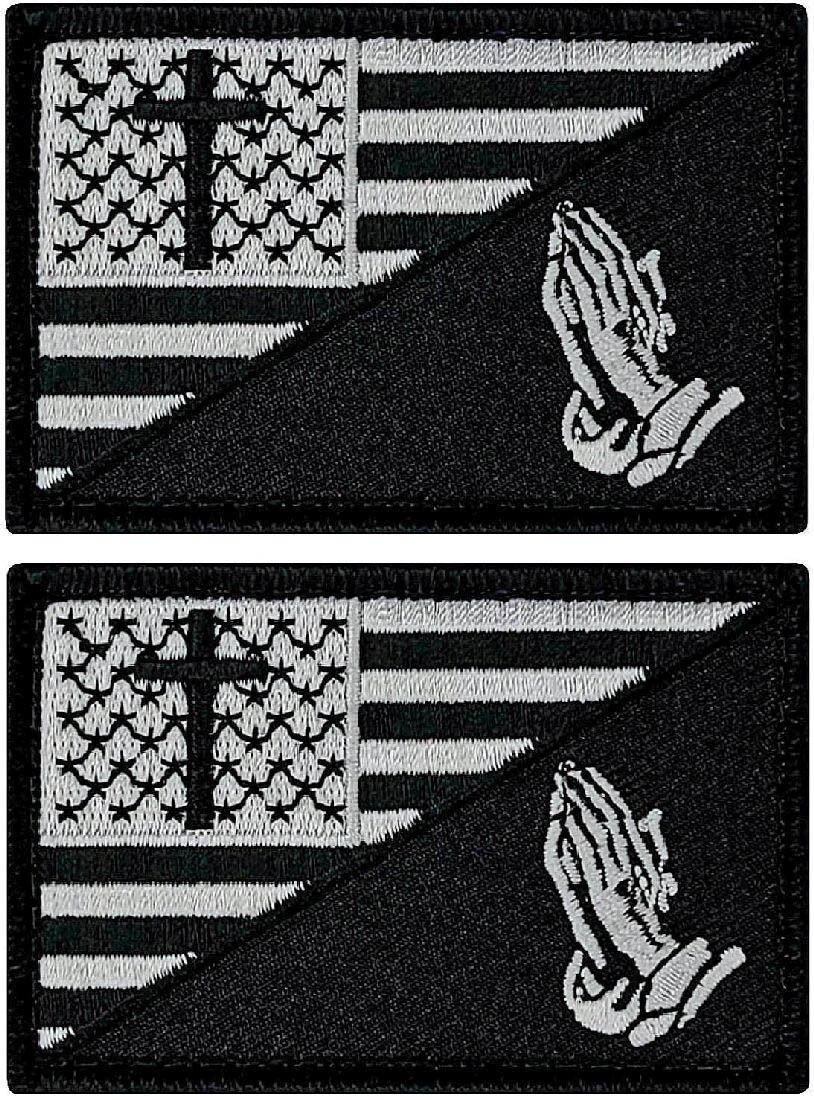 Praying Hand Cross USA Flag Subdued Patch ||2PC Hook Backing  3"x2"