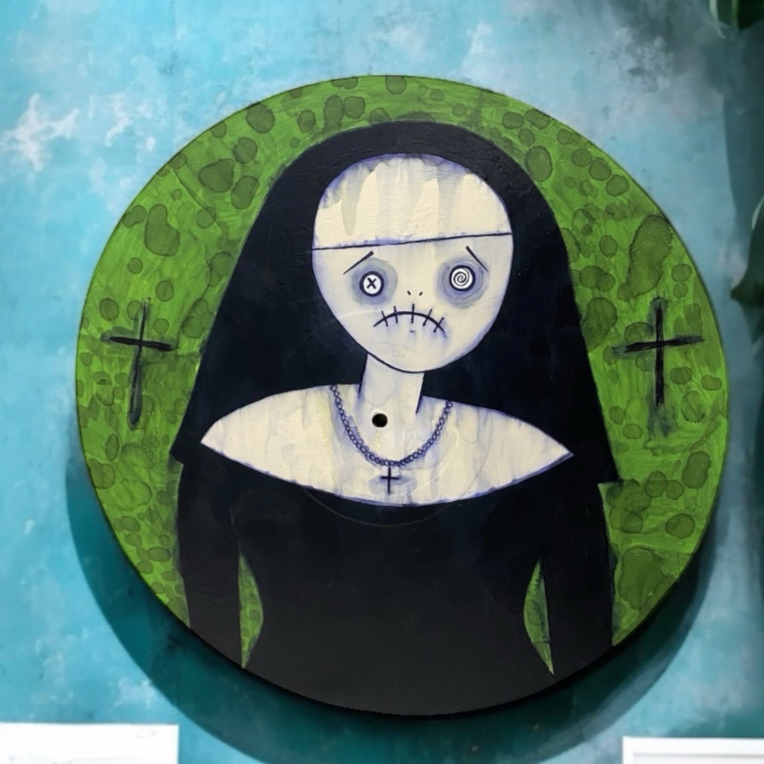 Original Painting Green Sad Stitches Nun Vinyl Record Oddity Art Gothic Ooak
