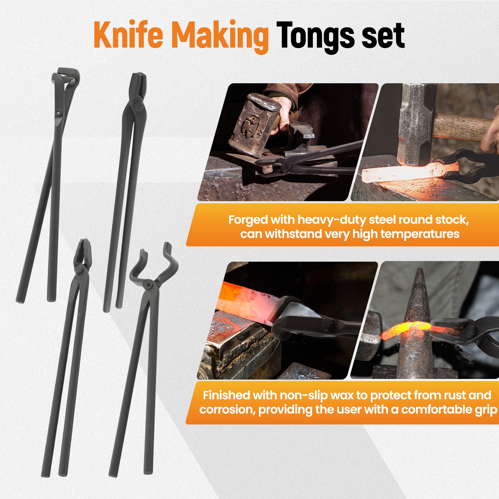 Blacksmith Carbon Steel Tongs 4pcs Flat V Bit Blade Wolf Jaw Forging Tool Set