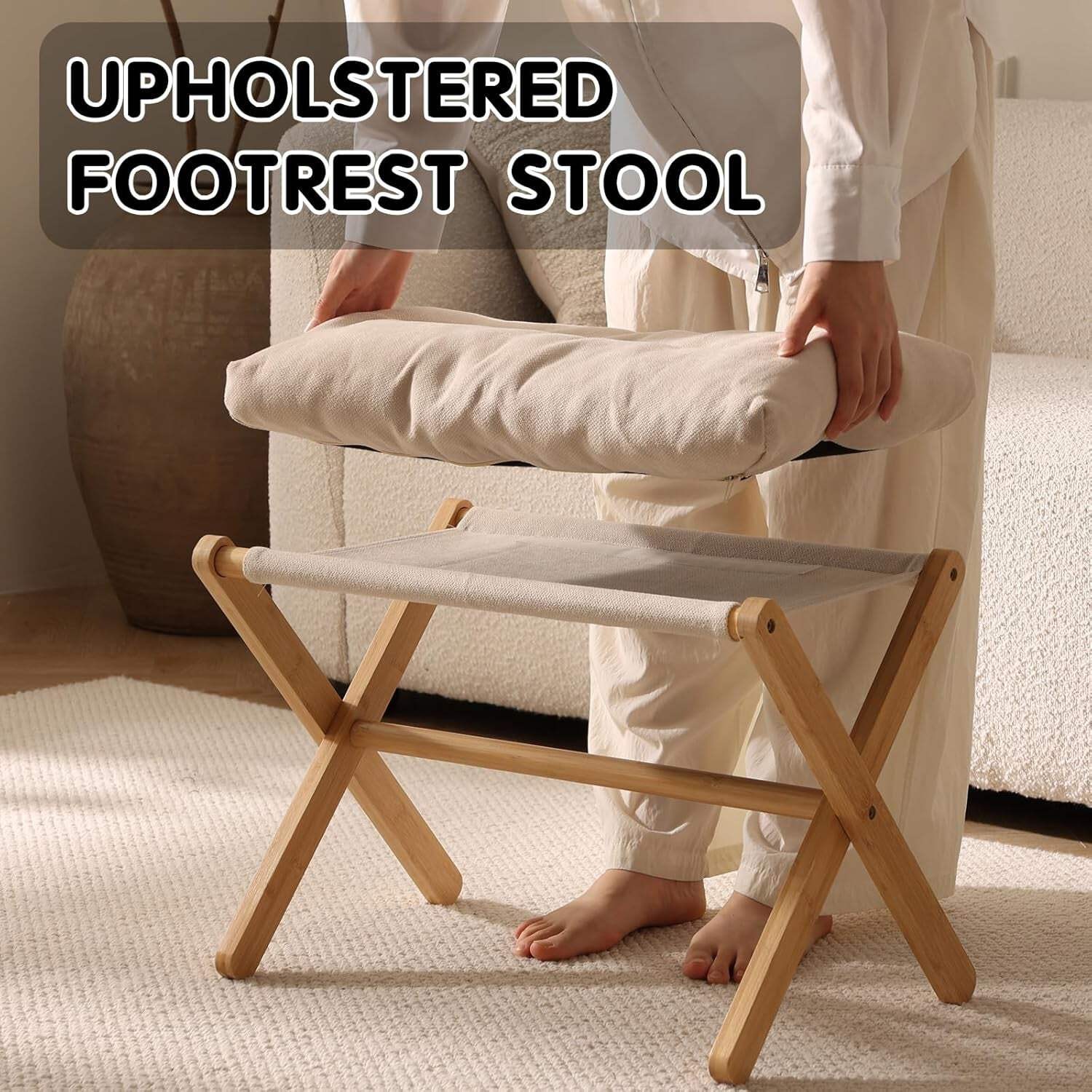 Bamboo Foldable Ottoman Foot Rest Beige Upholstered