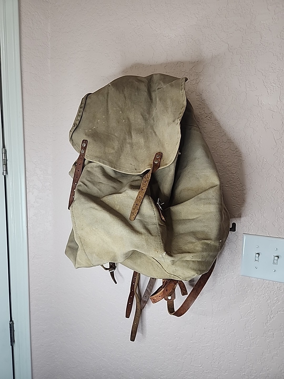 Vintage Swedish Army Military Framed Canvas Leather Backpack Ruck 3 Crown.  B2