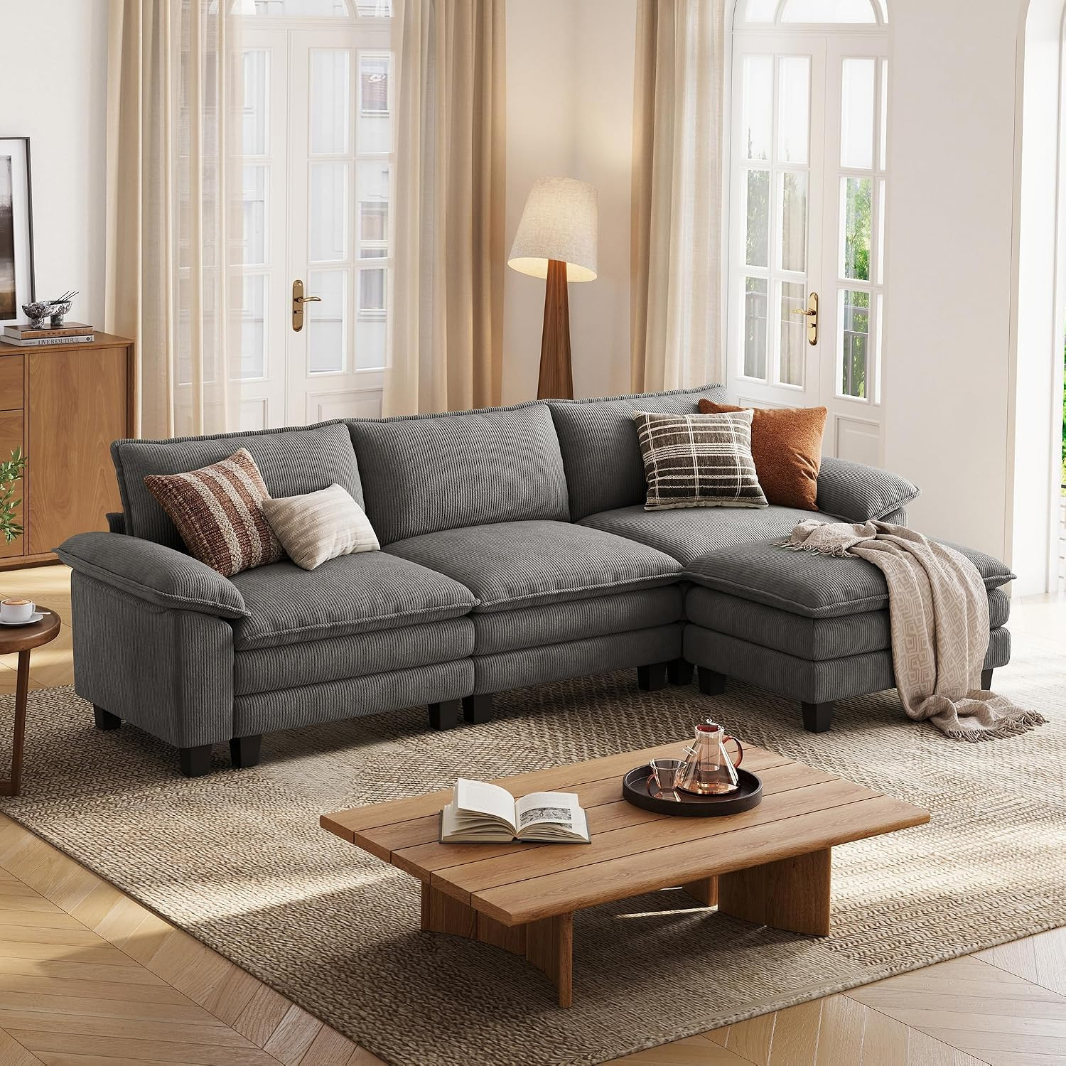 123'' Modular Sectional Sofa 3 Seat Couch Corduroy Cloud Couch with Deep Seat, M