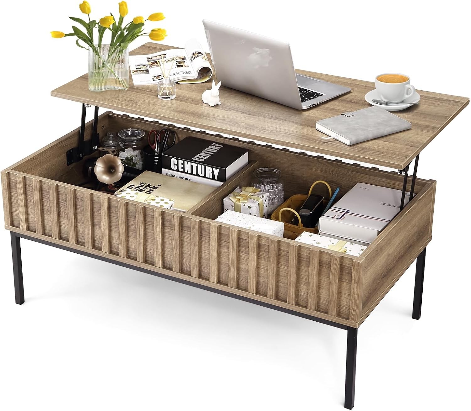Lift Top Coffee Table with Hidden Compartment, 43" Coffee Table with Metal Leg