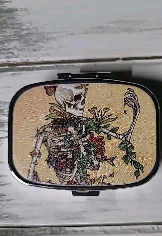 Skeleton Pill Box Decorative Case ,Metal Travel gift organizer.
