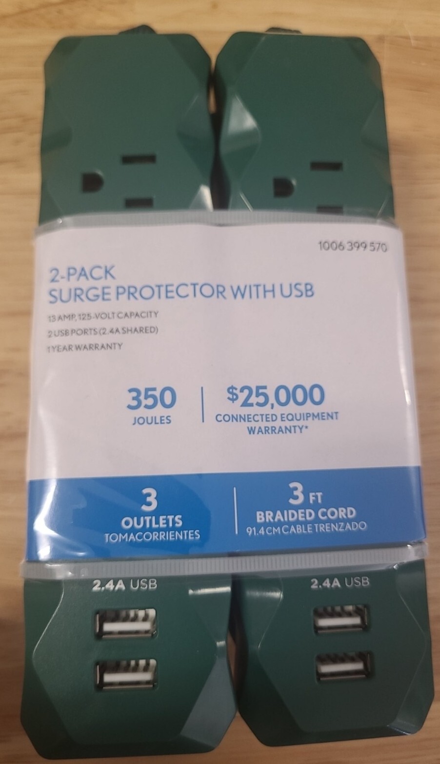 POWER STRIP SURGE PROTECTOR (2) Pack 3 OUTLET 2 USB PORTS 3ft BRAIDED GREEN CORD