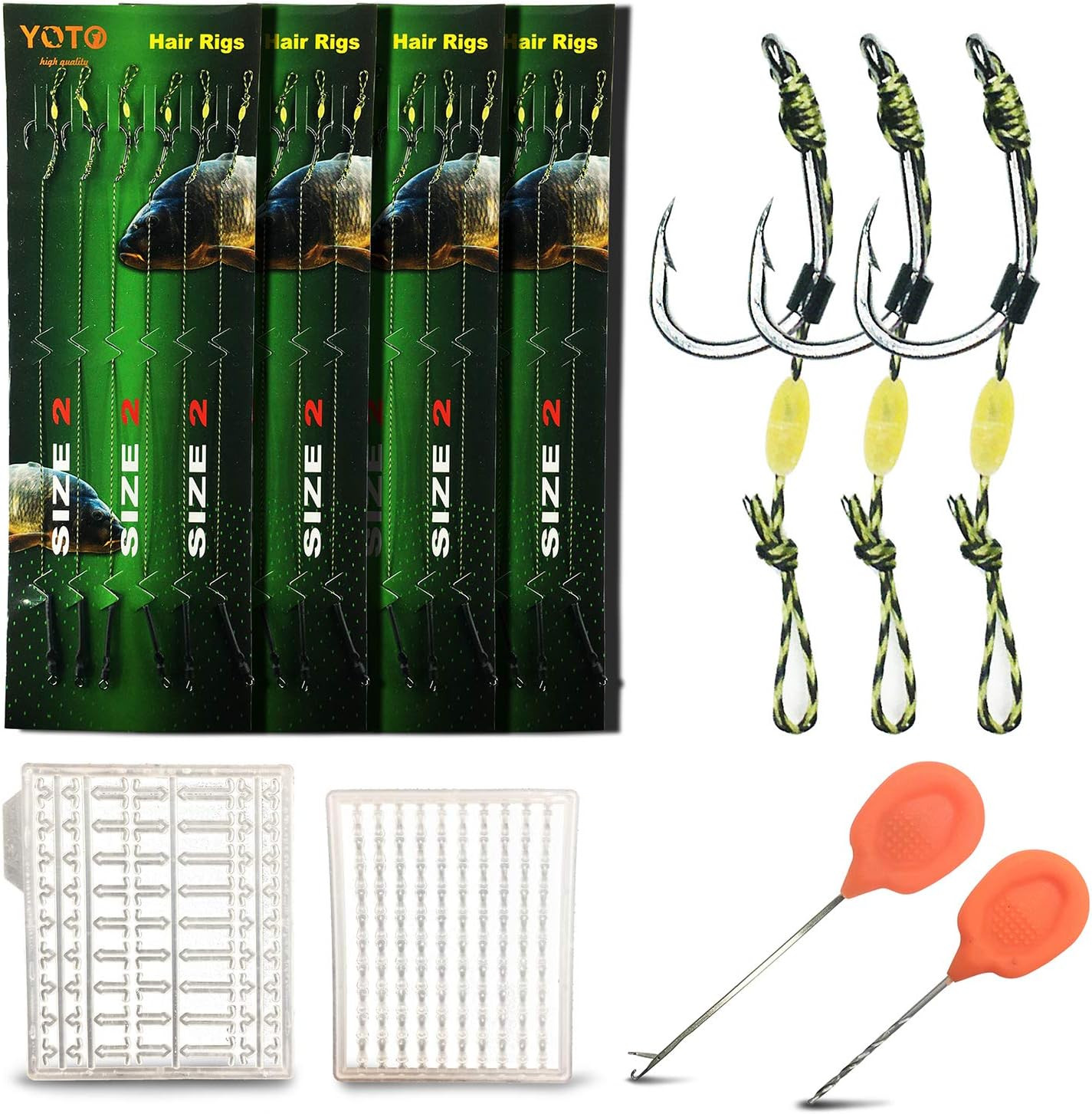Carp Fishing Hair Rigs - 24 Pcs High Carbon Steel Curved Barbed Hooks with Swive