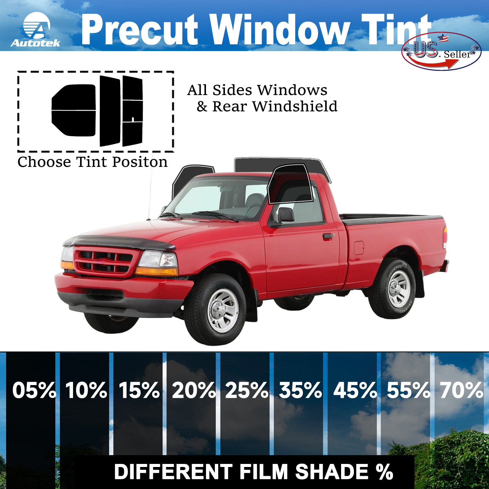 PreCut All Sides Window Film Any Tint Shade % For Ford Ranger Standard 1998-2000